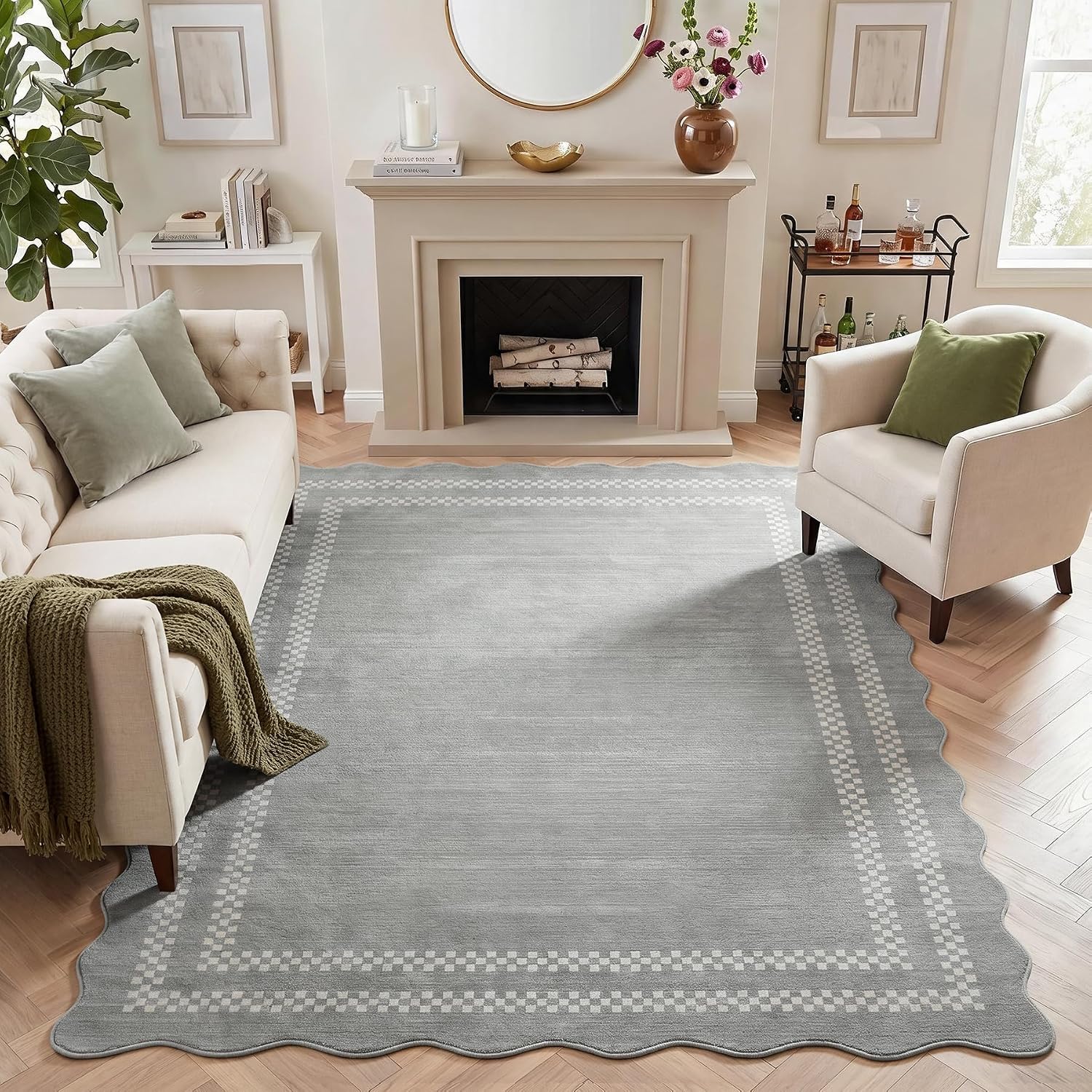 Tribesigns Tapis de jeu pour chambre de fille, à poils courts, motif vagues modernes, Certifié Oeko-Tex, rose & gris