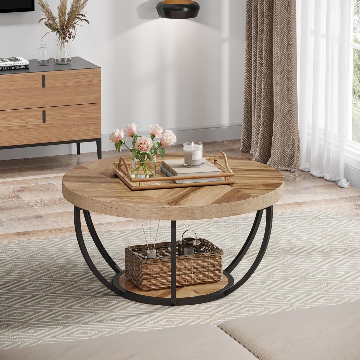 Tribesigns Table basse ronde, Table basse ovale en bois et metal noir