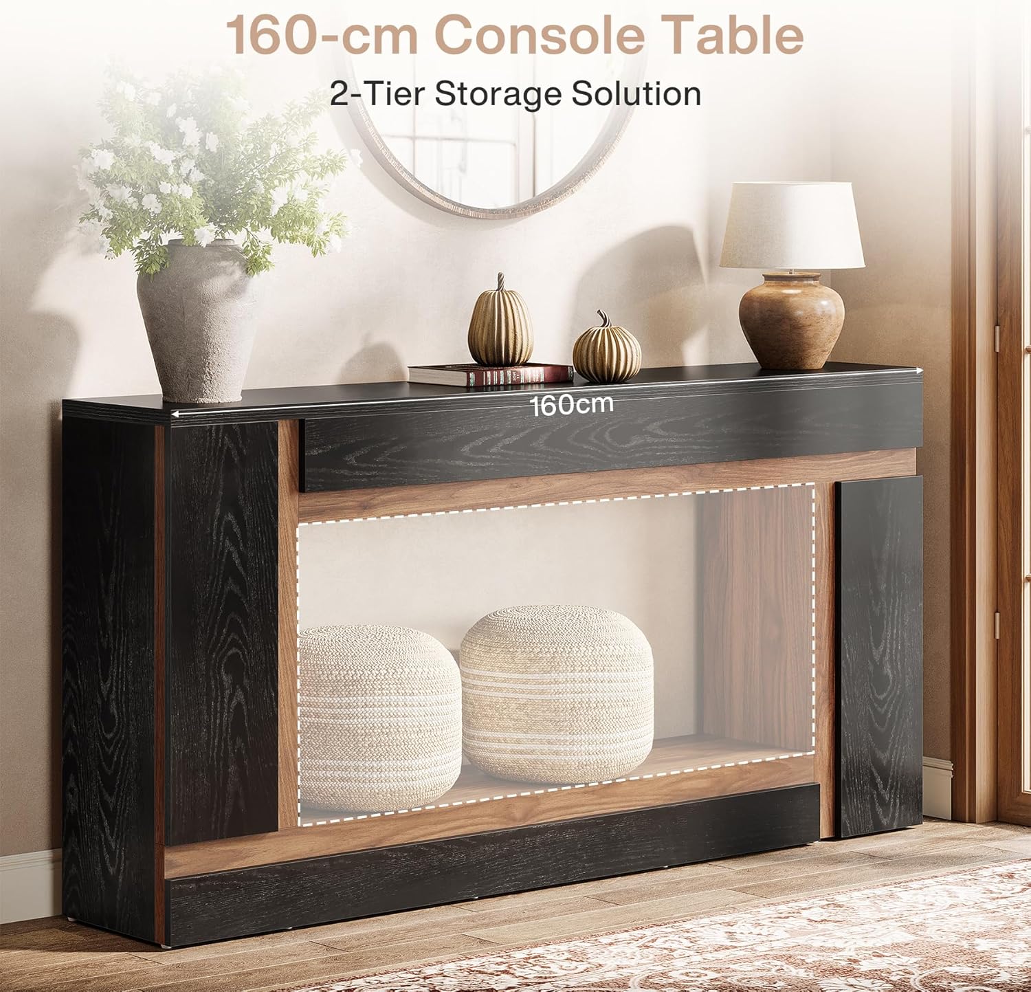 Tribesigns Table console noire et marron de 160 cm de long, Table de contrôle géométrique au design moderne