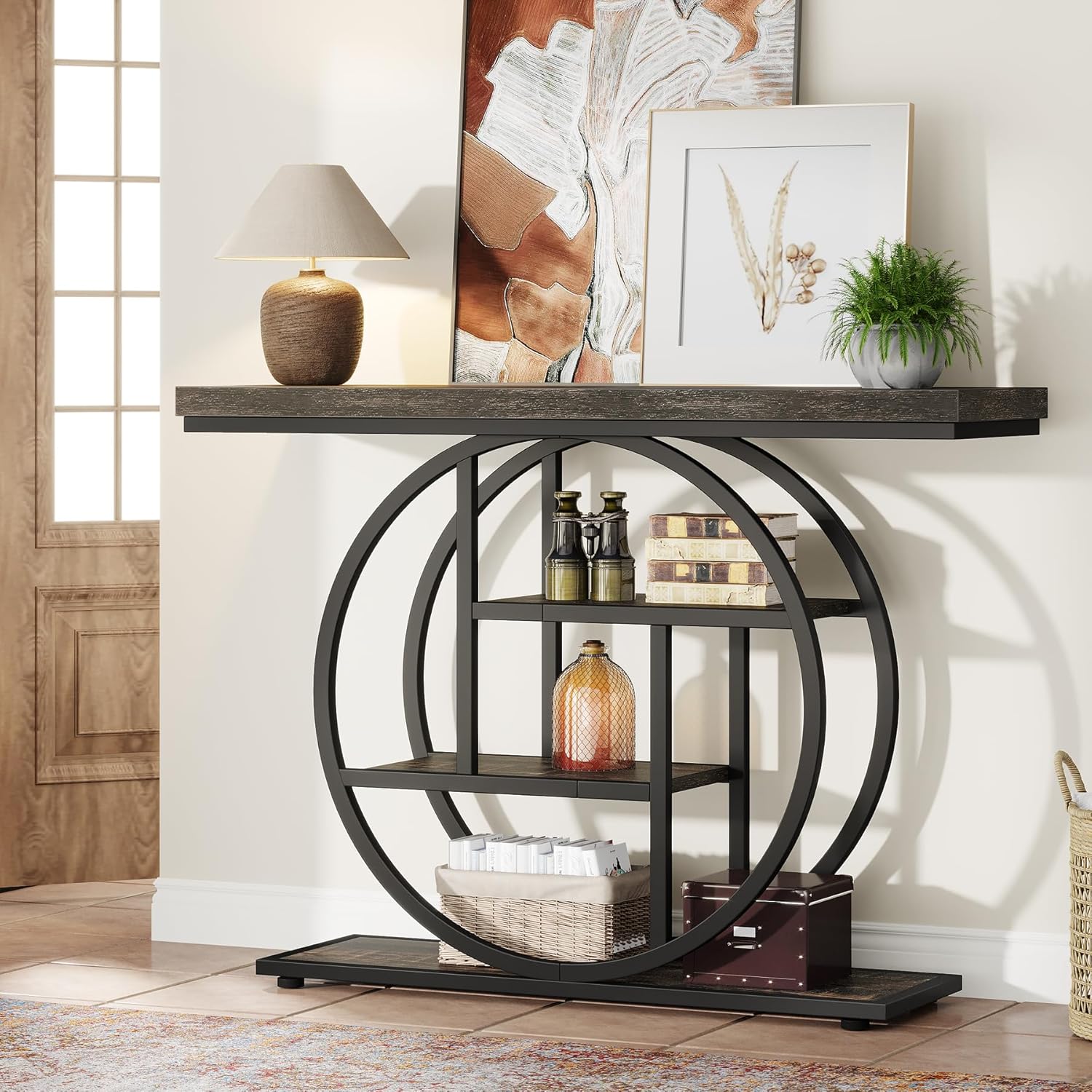 Tribesigns Table console à 4 niveaux avec base circulaire, Tables d'appoint étroites en bois