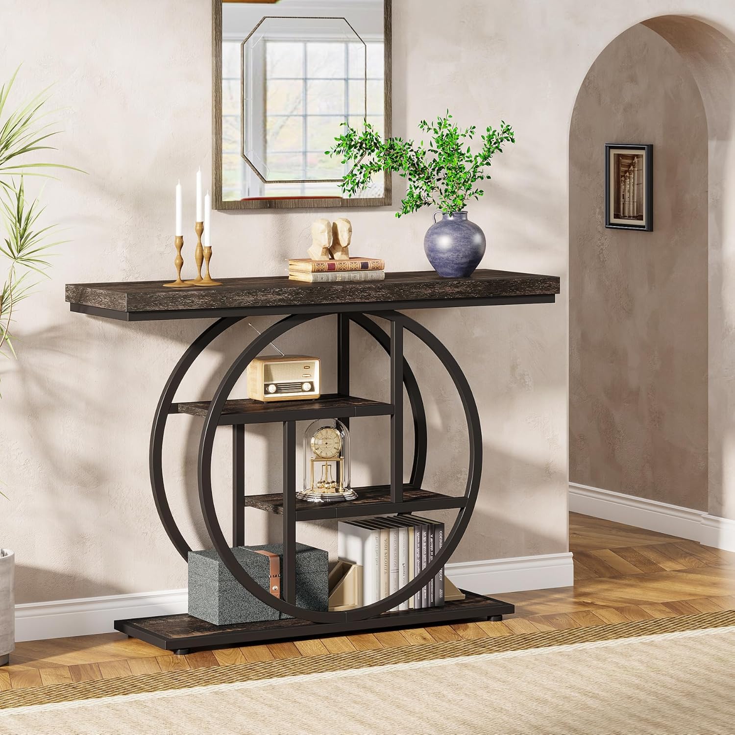 Tribesigns Table console à 4 niveaux avec base circulaire, Tables d'appoint étroites en bois