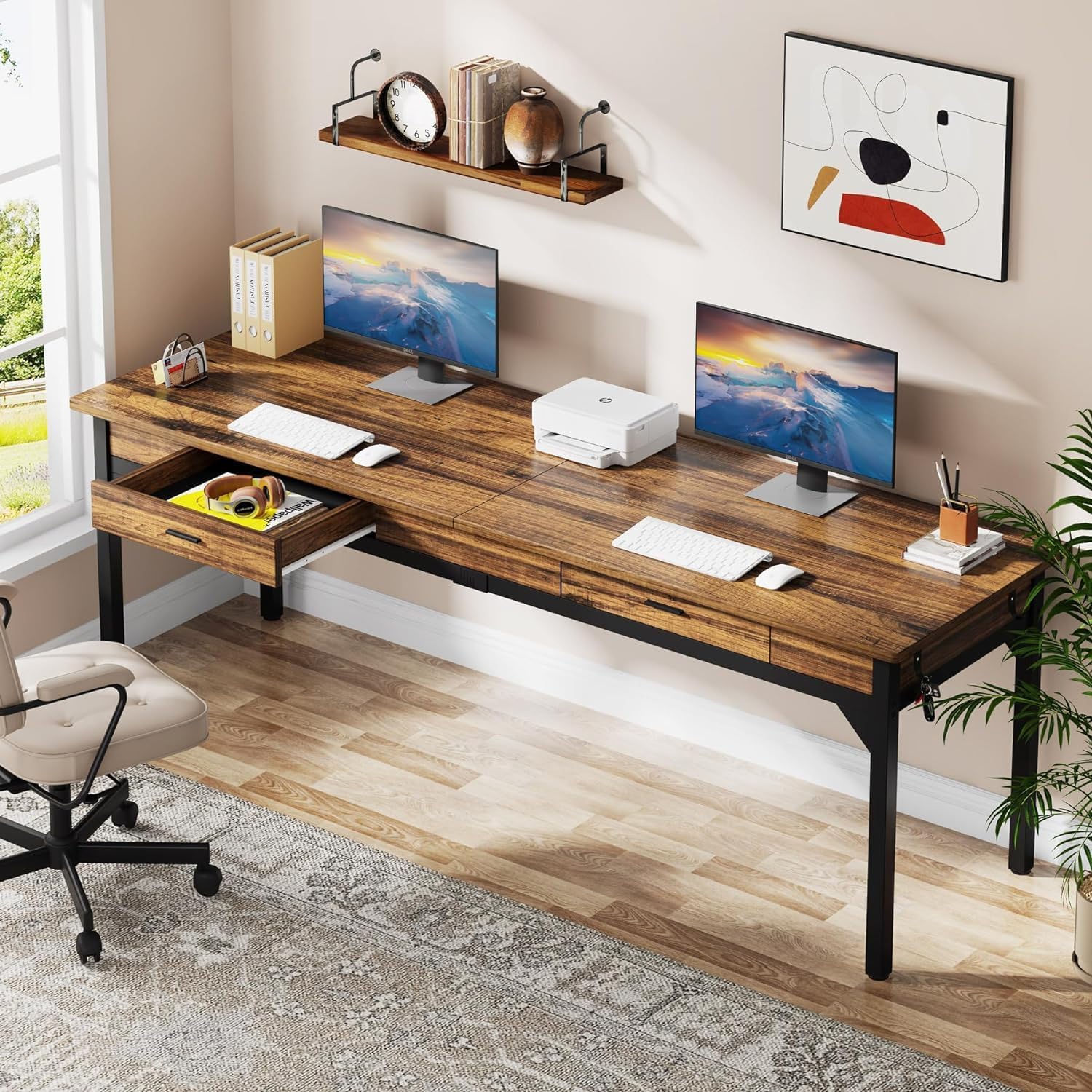 Tribesigns Bureau ordinateur extra-long, Bureau pour travail avec 2 tiroirs Bureau pour deux
