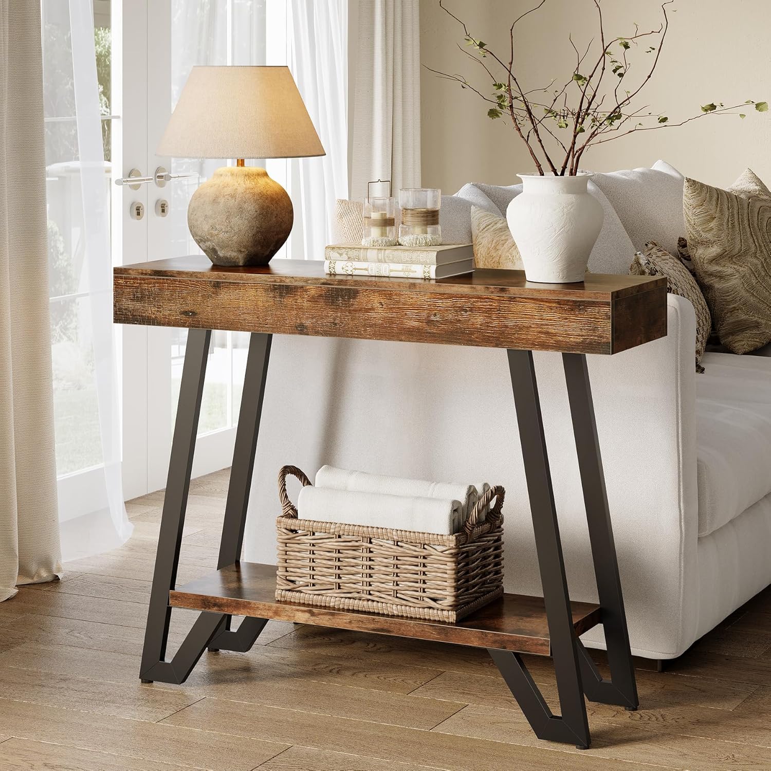 Tribesigns Console de style industriel rustique, Étagère à deux niveaux avec structure métallique pour entrée et salon