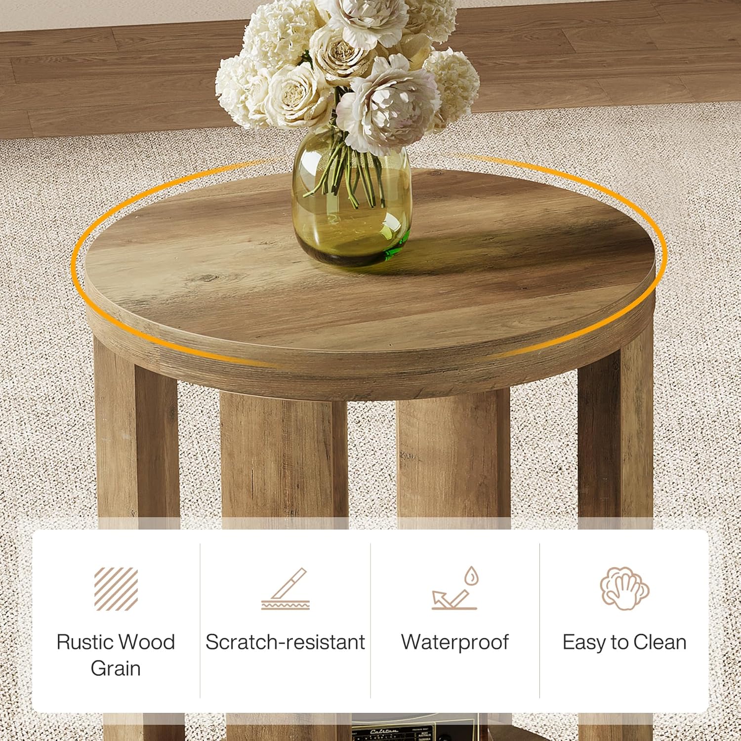 Tribesigns Table d'appoint ronde 50 cm avec rangement, Style campagne moderne table de chevet à 2 niveaux couleur marron