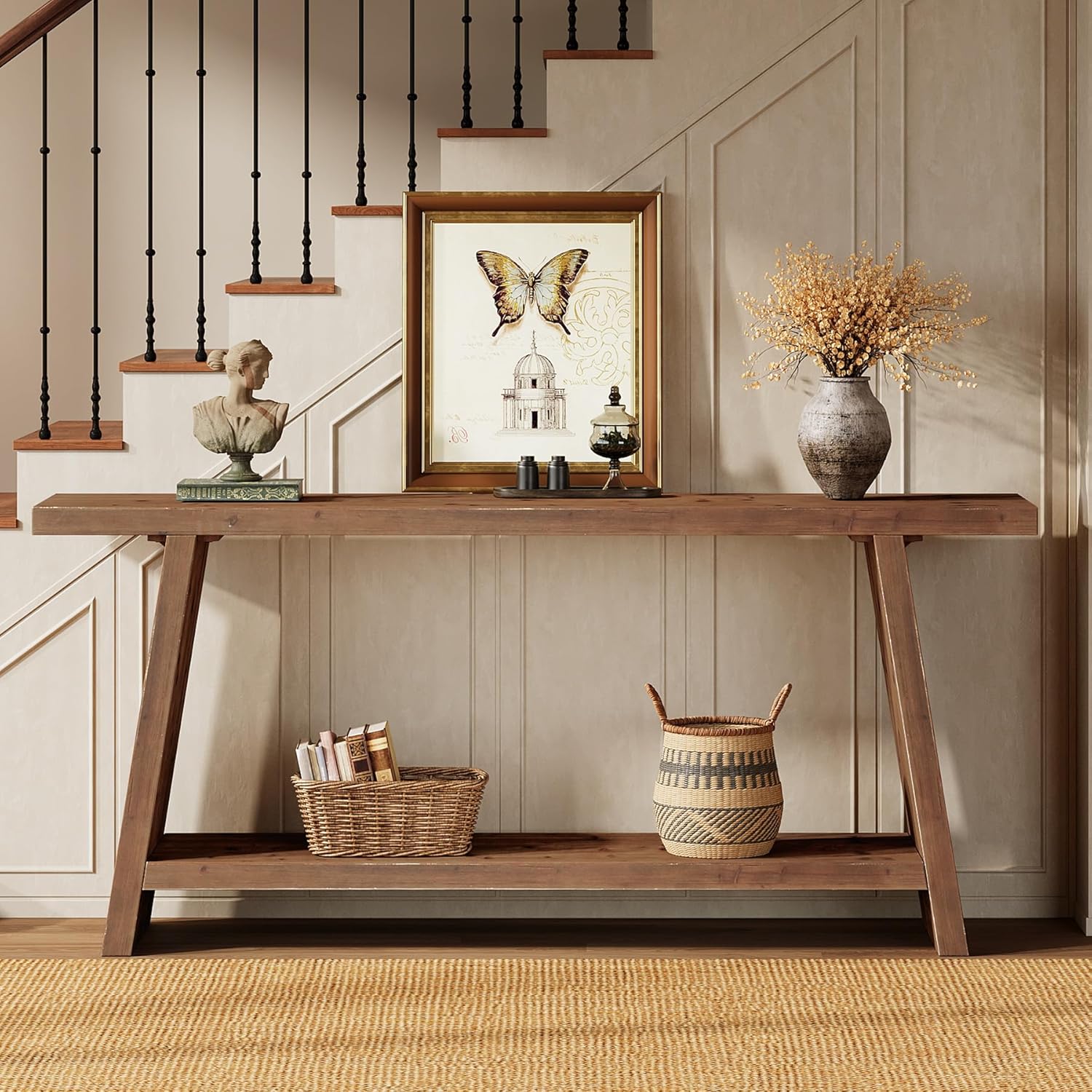 Table console de 160 cm de long, Table d'appoint étroite en bois massif avec 2 étagères