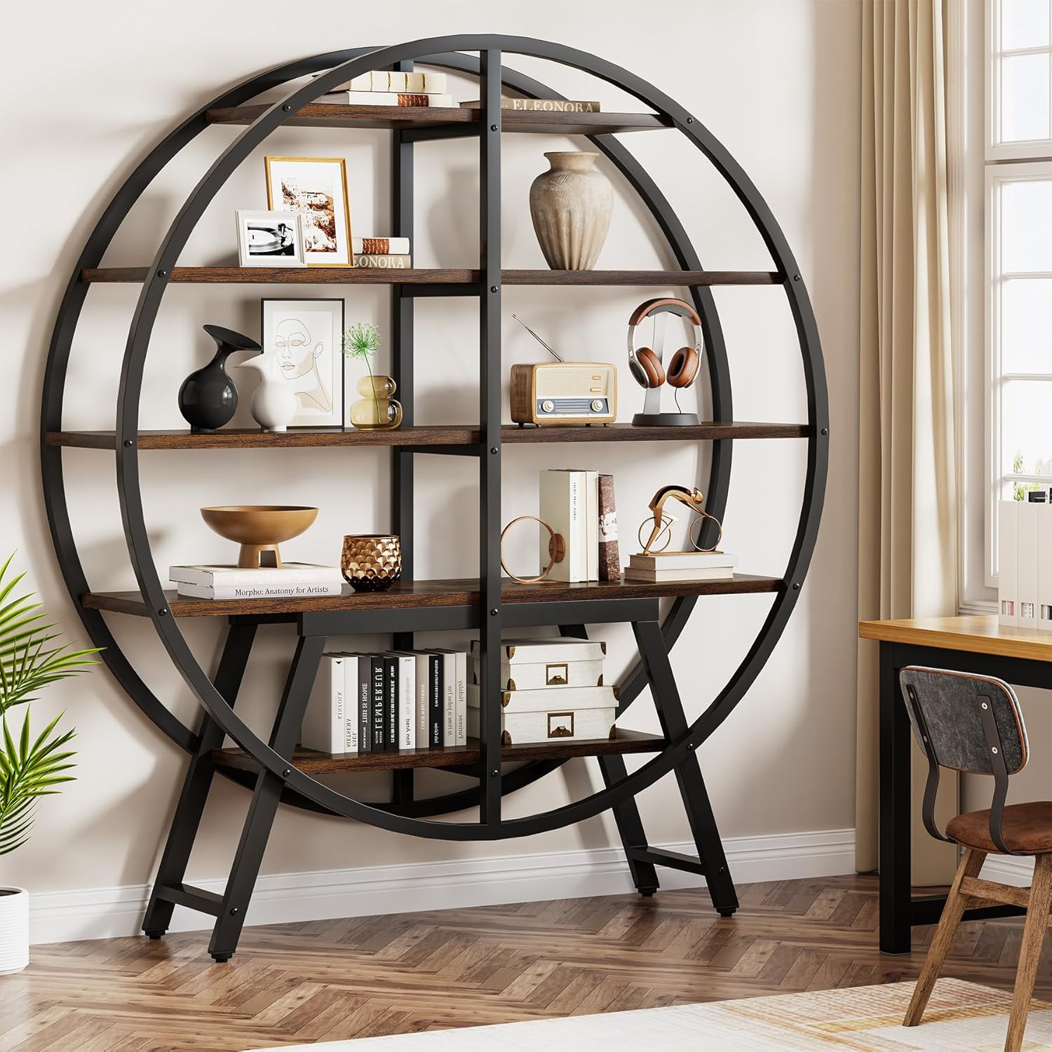 Tribesigns Bibliothèque design, Étagère ronde à 5 niveaux pour salon