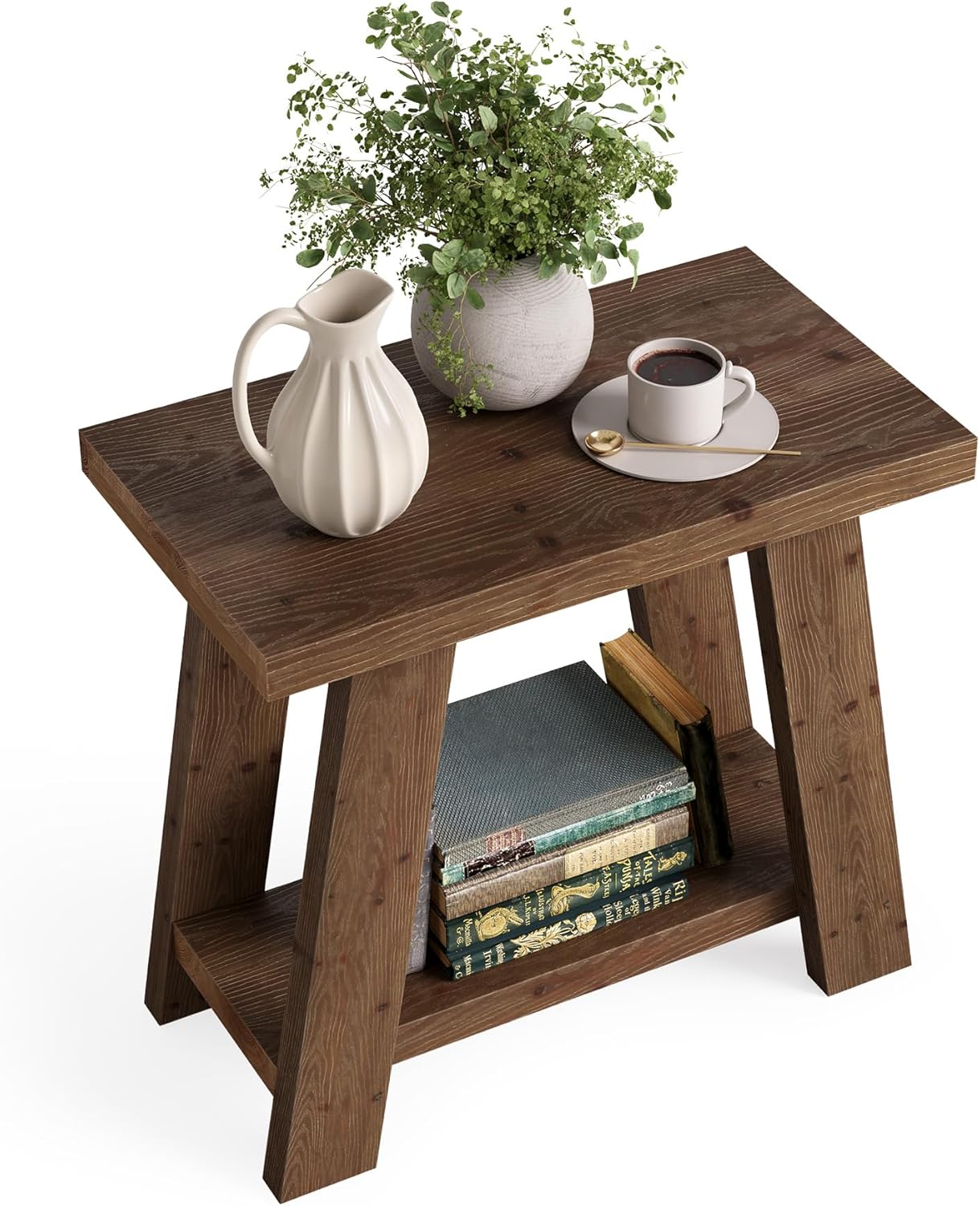 Table d'appoint en bois massif, Petite table de chevet à 2 niveaux Table de chambre moderne avec étagère