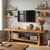 Meuble TV bas en bois massif, 140 cm avec 2 étagères et compartiments ouverts, Meuble multimédia 3