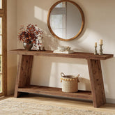 Table console de 160 cm de long, Table d'appoint étroite en bois massif avec 2 étagères 3