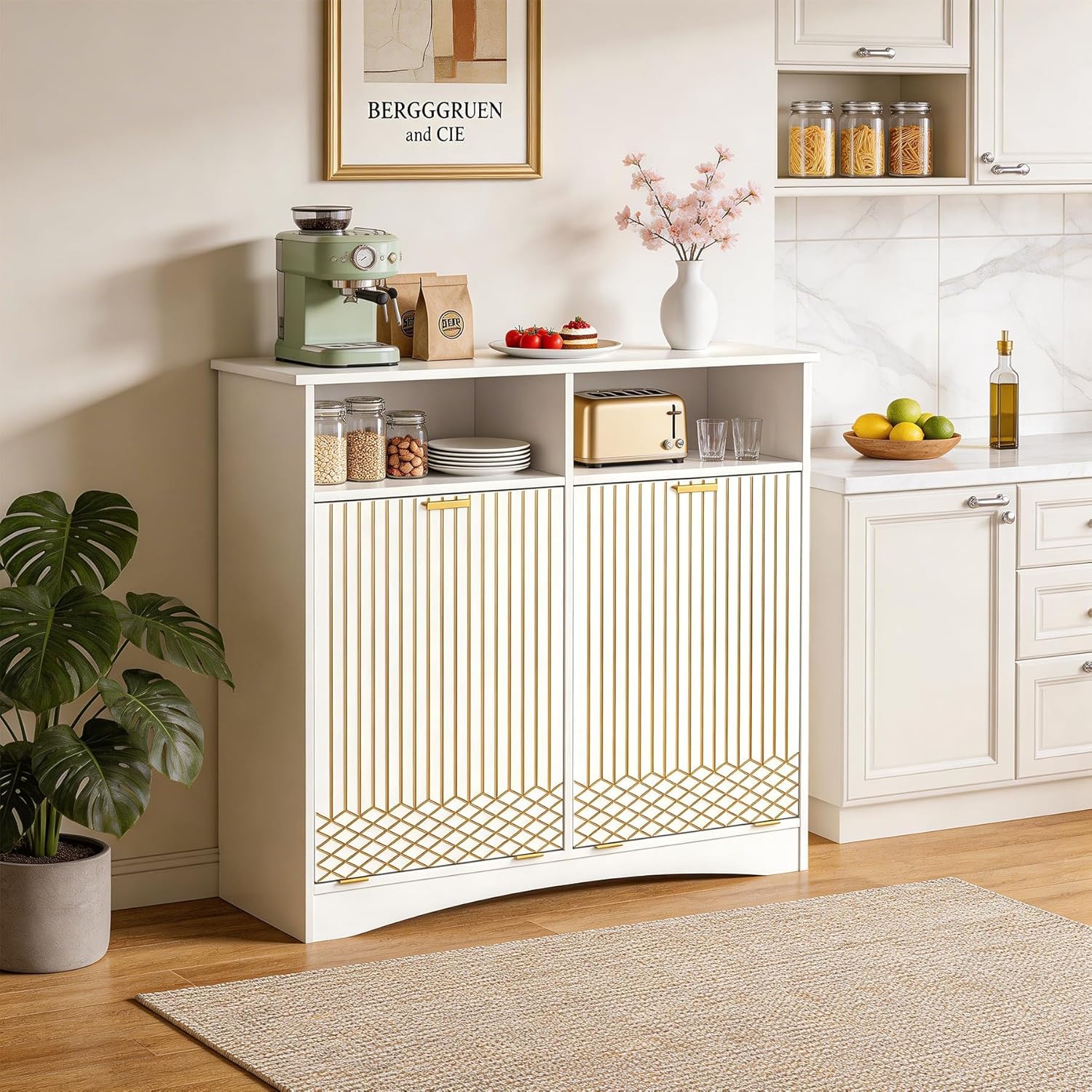 Tribesigns Meuble de tri des déchets avec système coulissant, Meuble de cuisine moderne avec 2 compartiments pour poubelles intégrées