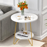 Tribesigns Table d'appoint en faux marbre, Table d'appoint ronde à 2 niveaux avec étagères Table de chevet dorée moderne 3