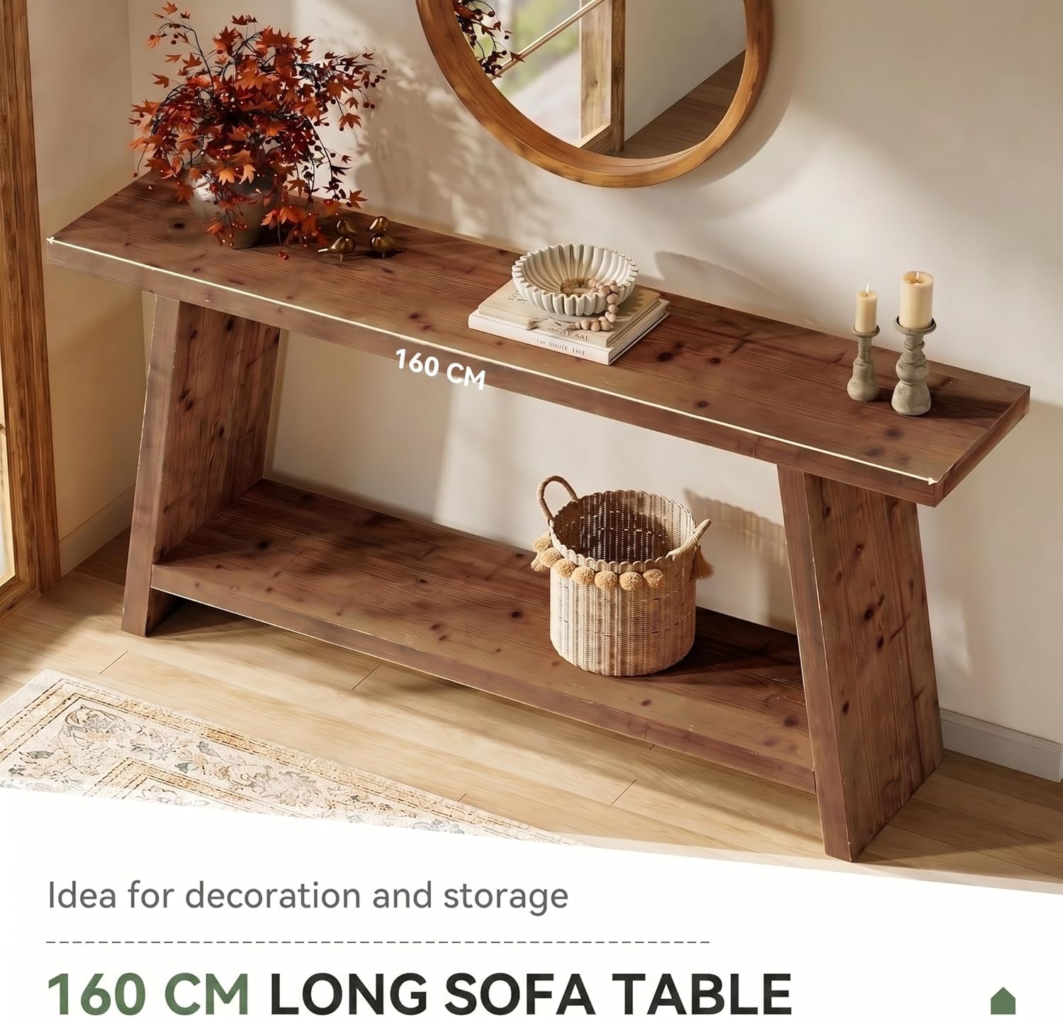 Table console de 160 cm de long, Table d'appoint étroite en bois massif avec 2 étagères