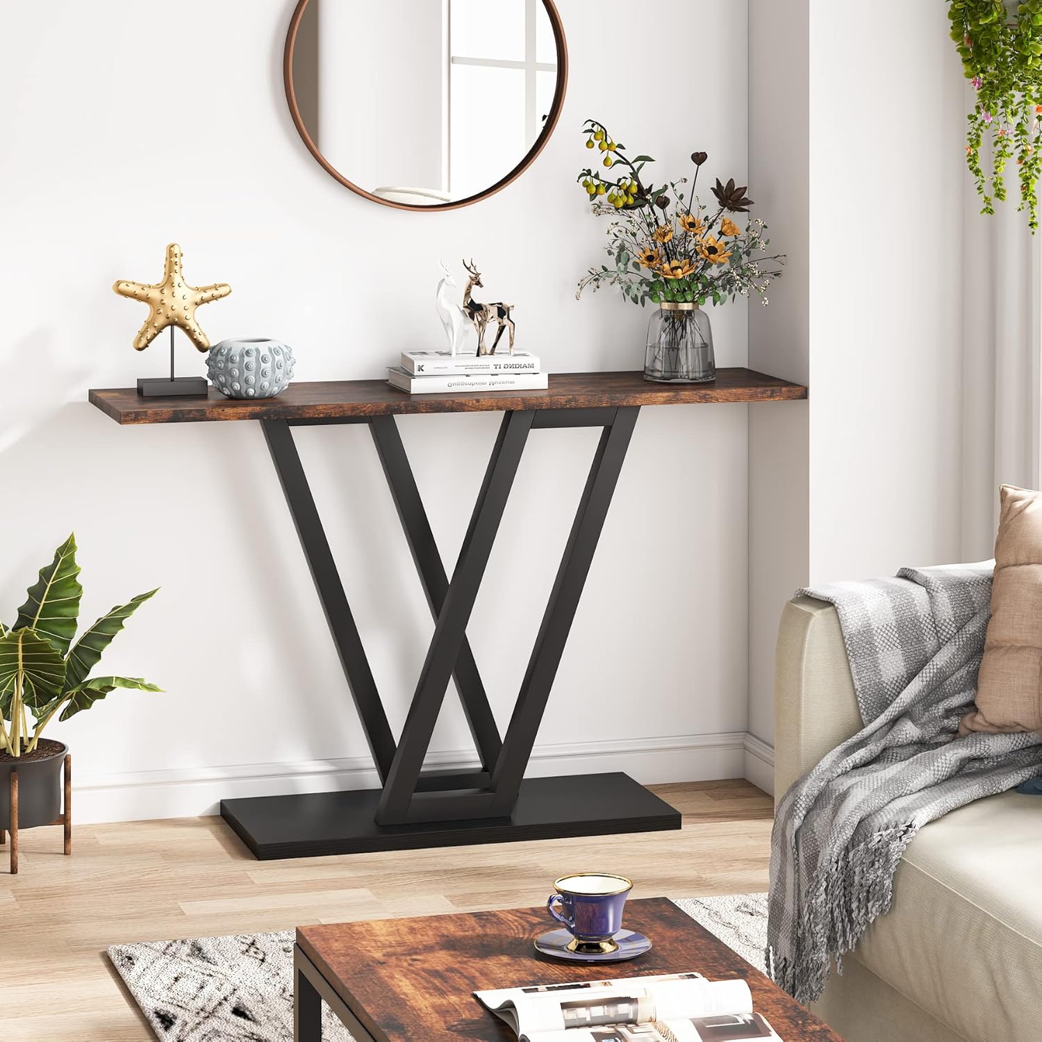 Tribesigns Table console industrielle, Console d’entrée étroite avec cadre en métal
