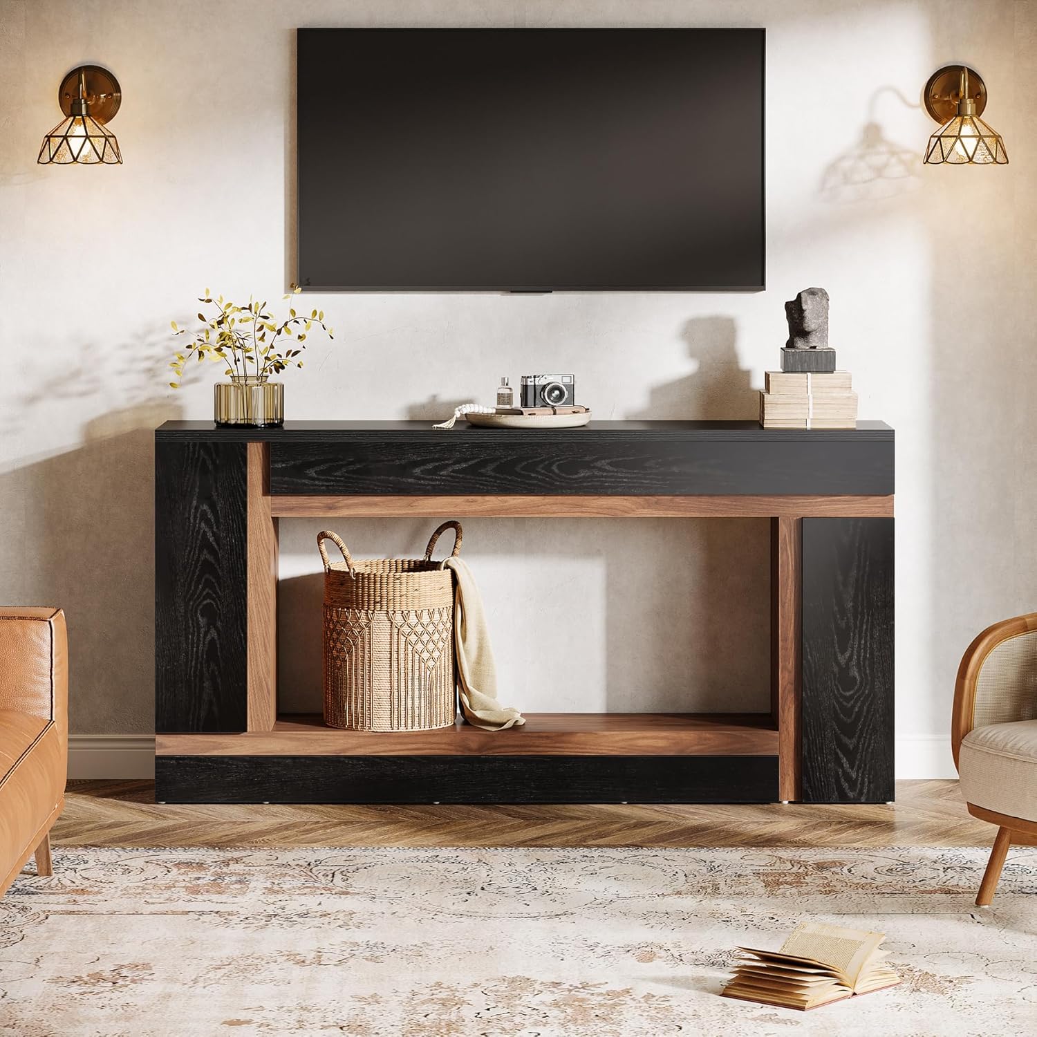 Tribesigns Table console noire et marron de 160 cm de long, Table de contrôle géométrique au design moderne