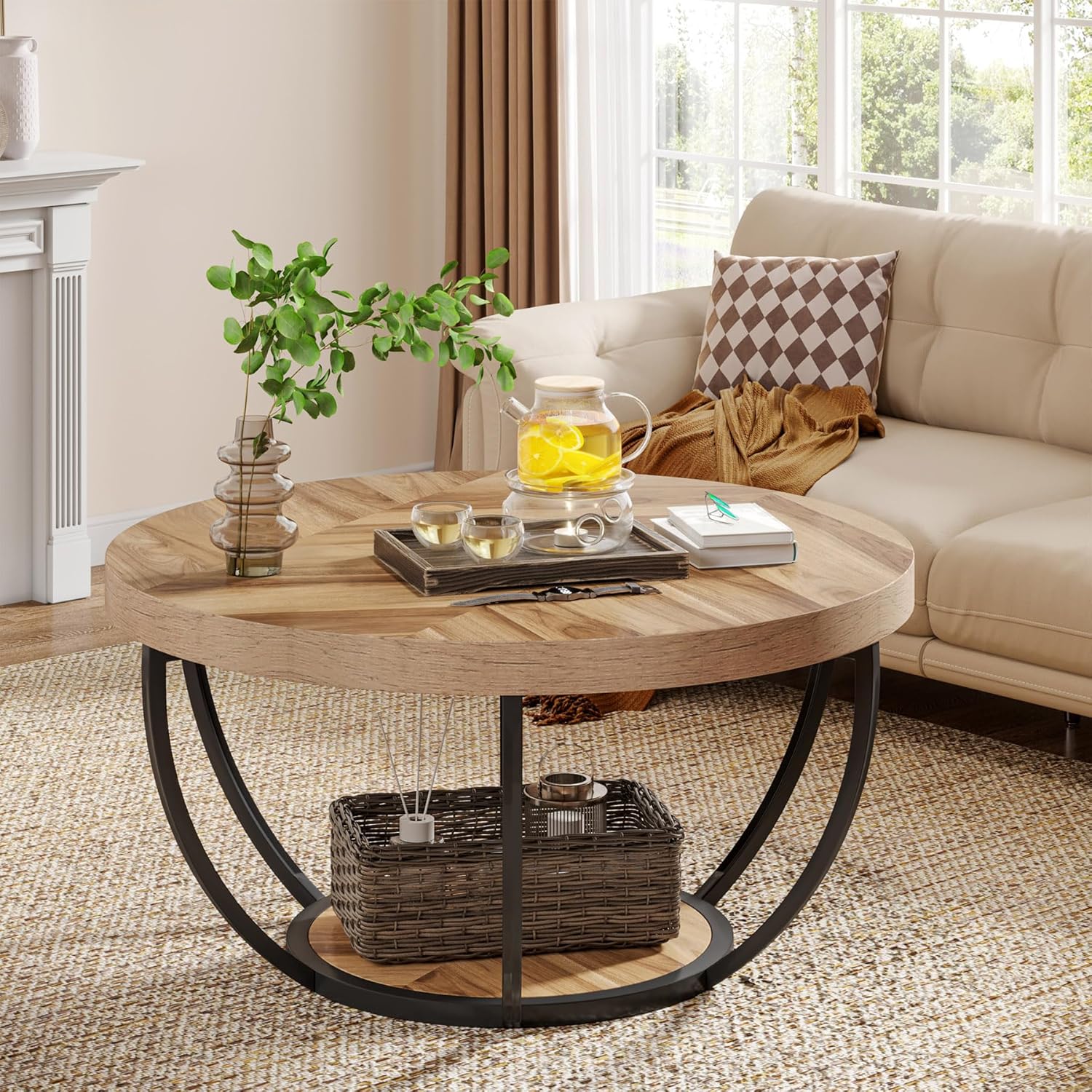Tribesigns Table basse ronde, Table basse ovale en bois et metal noir