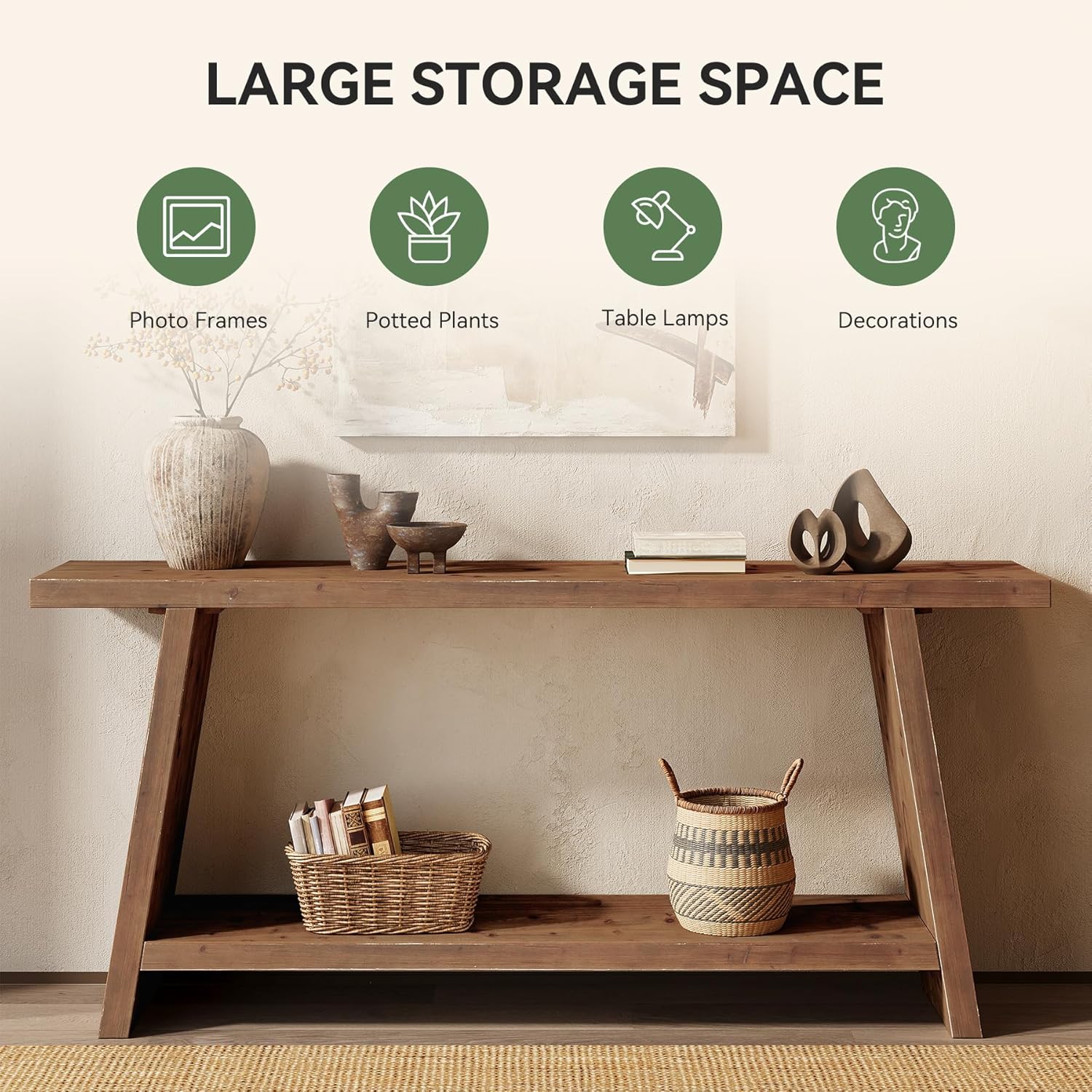 Table console de 160 cm de long, Table d'appoint étroite en bois massif avec 2 étagères