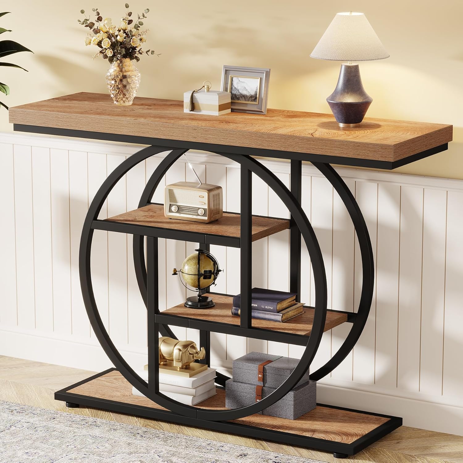 Tribesigns Table console à 4 niveaux avec base circulaire, Tables d'appoint étroites en bois