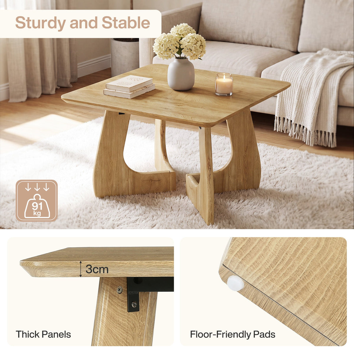 Tribesigns Table basse carrée 80 cm, Table de salon moderne avec piètement sculptural en bois