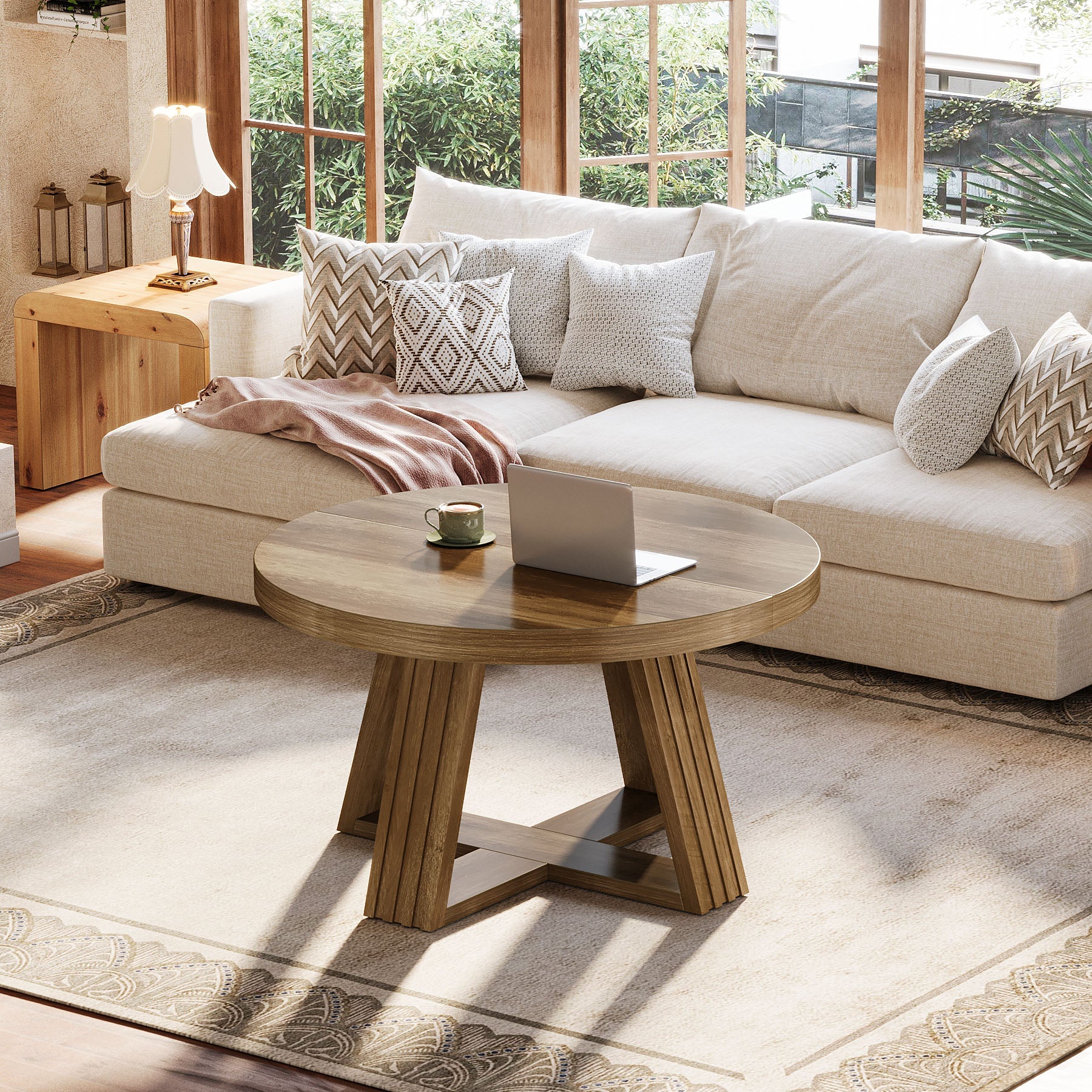 Tribesigns Table basse ronde 80 cm, Style champêtre table de salon avec motif bois et structure en croix