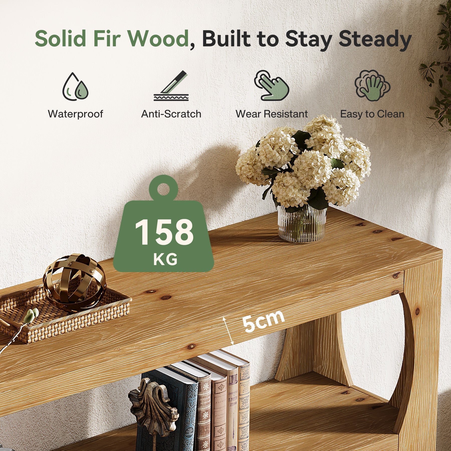 Tribesigns Console de 160 cm en sapin massif, Table d'entrée étroite à 3 étagères style champêtre