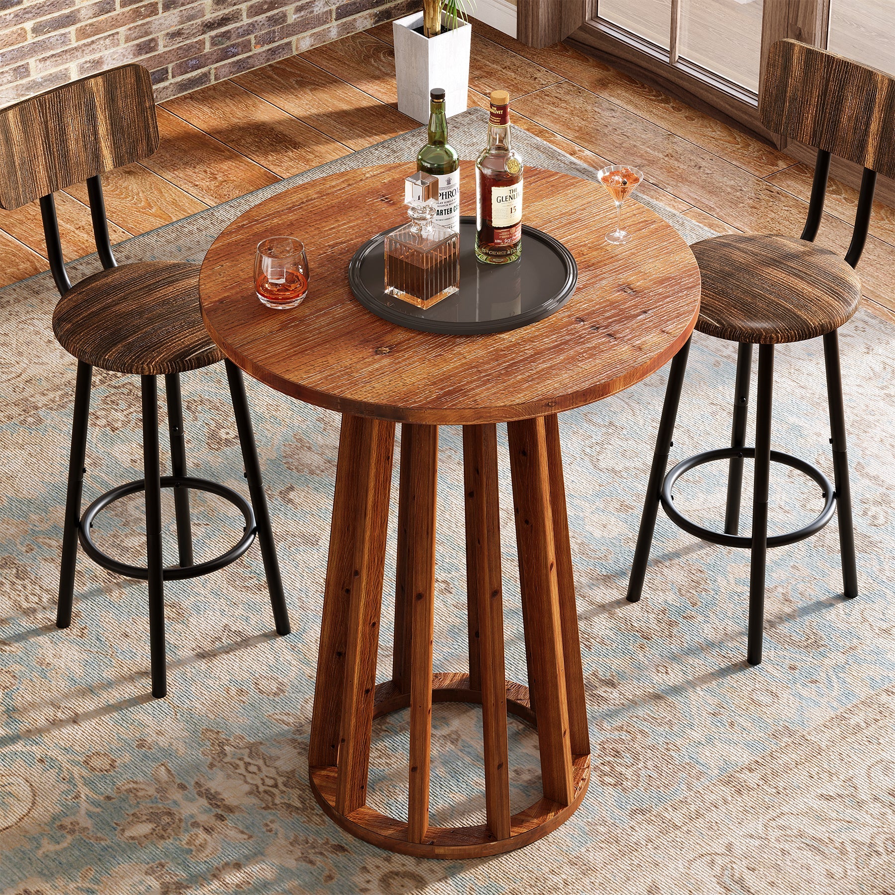 Tribesigns Table haute ronde 95 cm de hauteur, Table de bar en bois massif de style campagnard