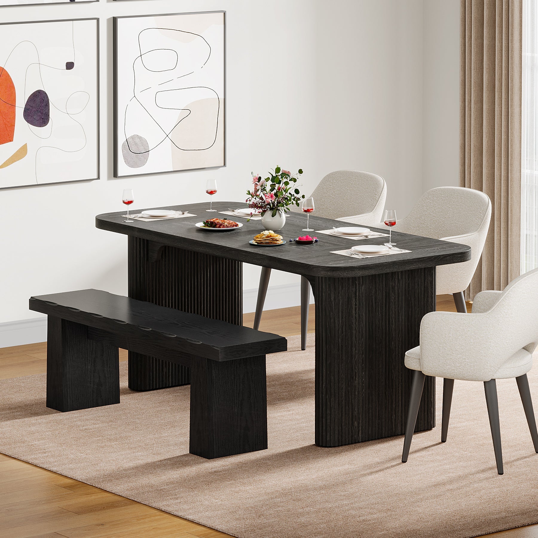 Banc noir de 120 cm, Banc en bois moderne, Banc de salle à manger polyvalent au design minimaliste