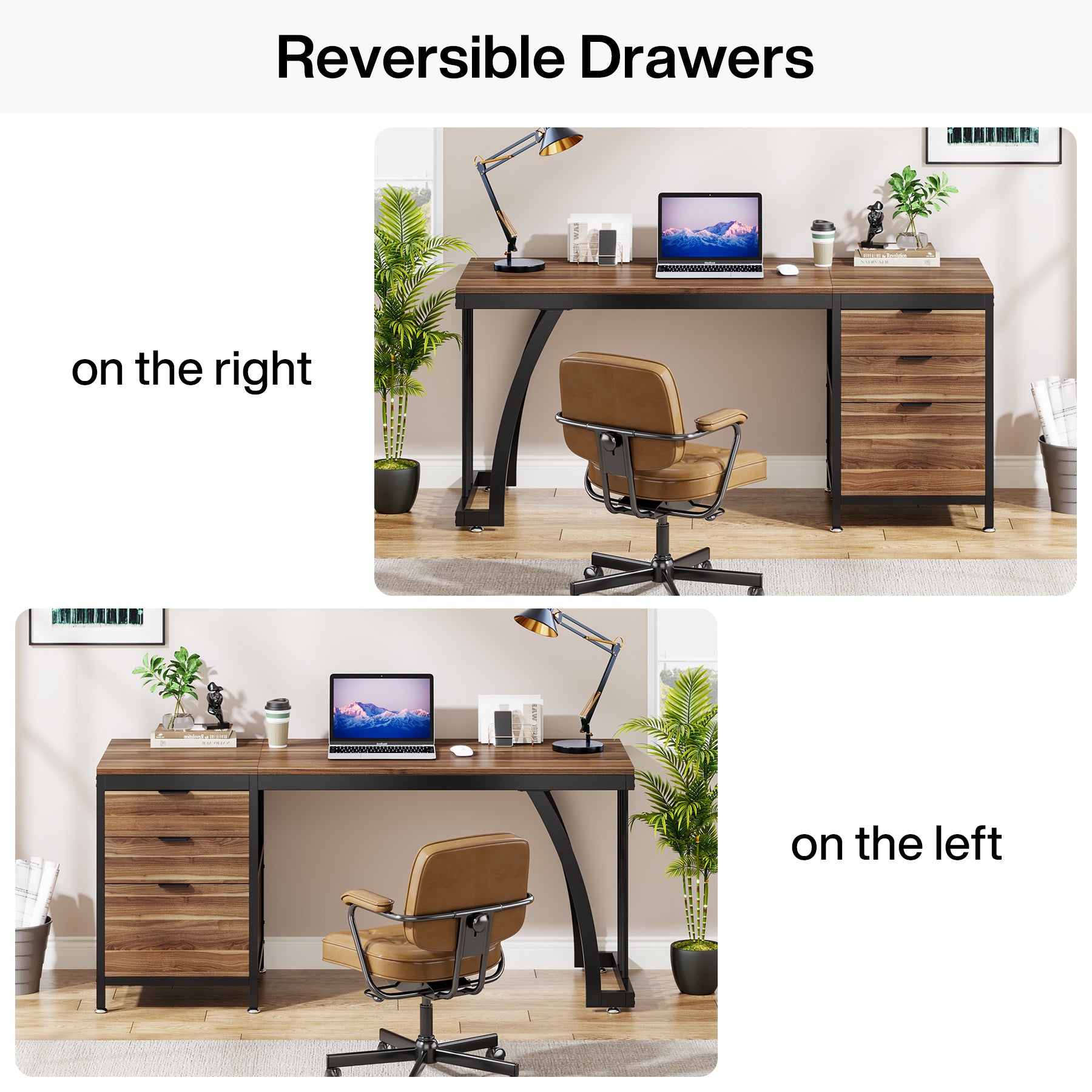 Tribesigns Bureau informatique industriel, Bureau 150 cm avec armoire à tiroirs réversible