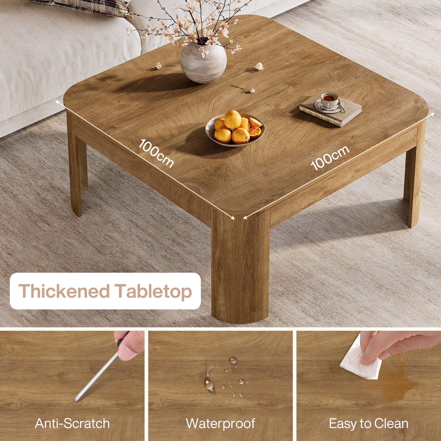 Tribesigns Table basse carrée de 100 cm de côté style champêtre avec pieds robustes et incurvés