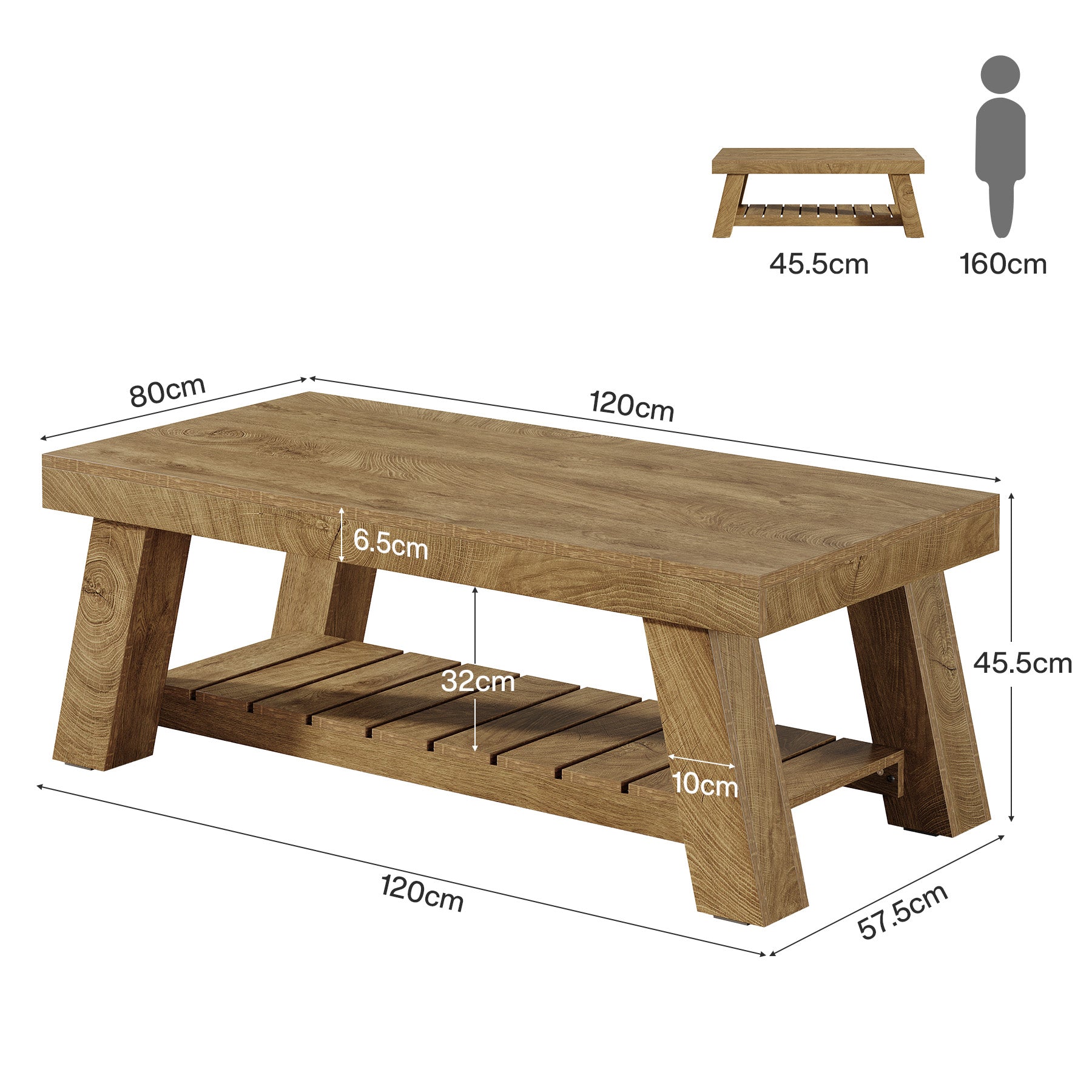 Tribesigns Table basse de style campagnard de 120 cm, Table rectangulaire rustique avec pieds en V pour salon