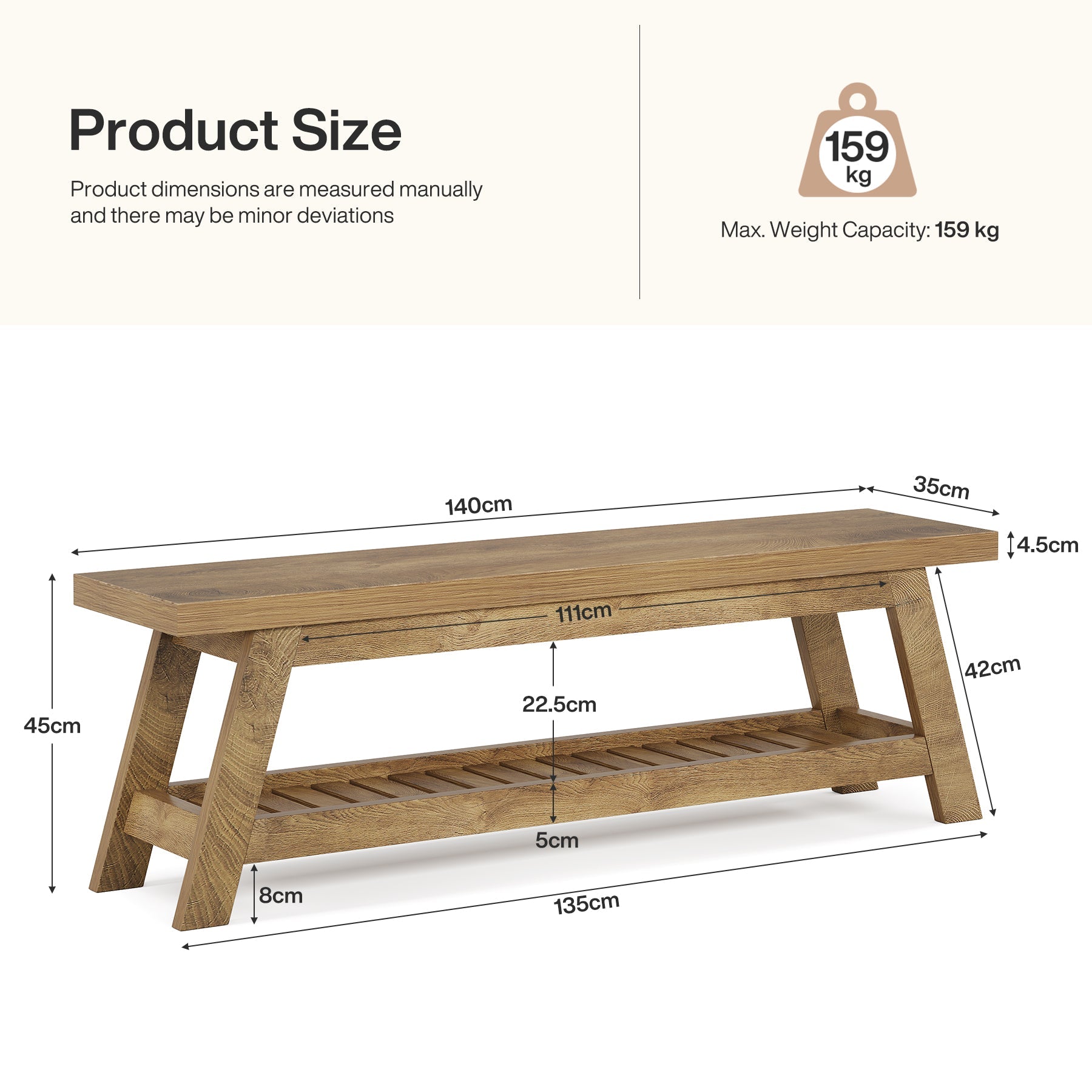 Tribesigns Banc de rangement 140 cm en bois de noyer clair pour chambre à coucher