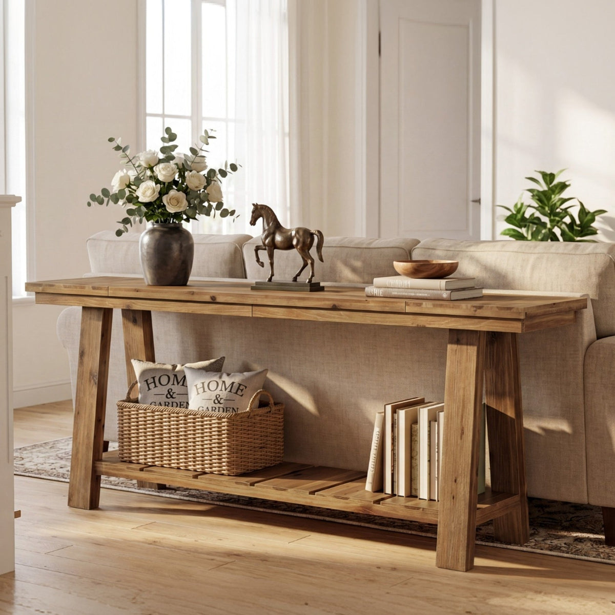Tribesigns Table console en bois massif de 200 cm, Table d'entrée étroite avec 2 étagères