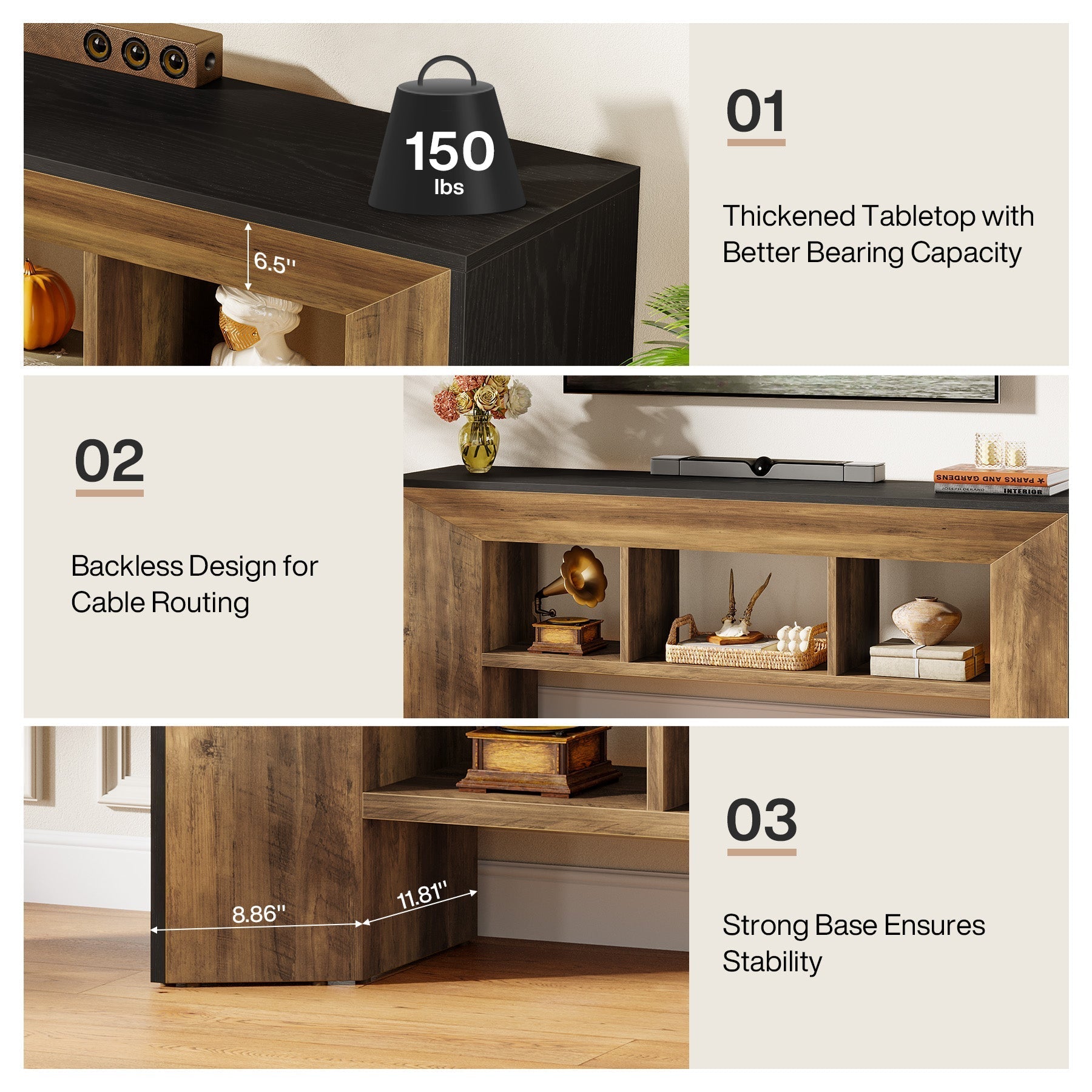 Meuble TV 160 cm unité multimédia 3 compartiments pour salon