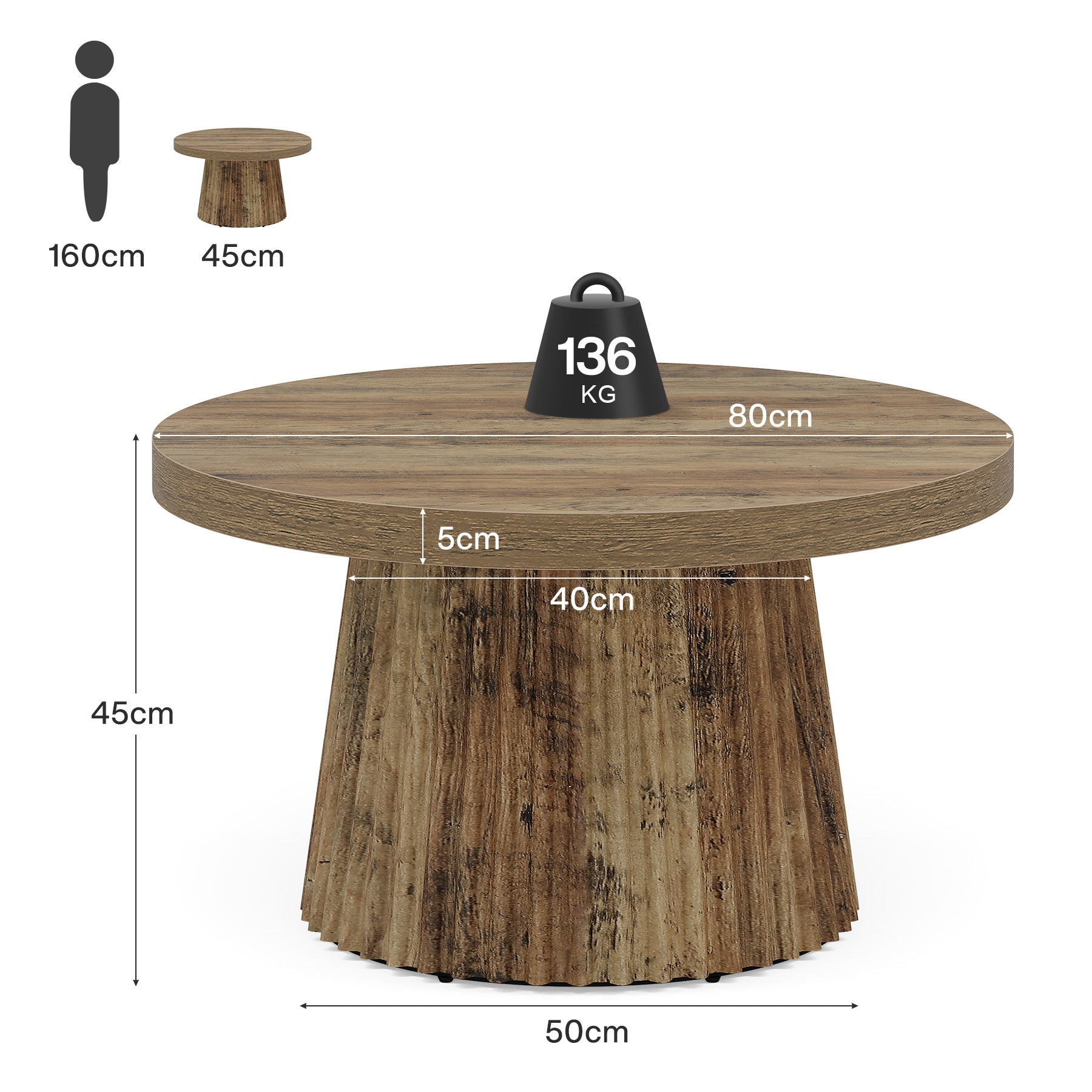 Tribesigns Table basse ronde, 80 cm, Table centrale circulaire moderne avec base en tambour cannelé et finition grain de bois