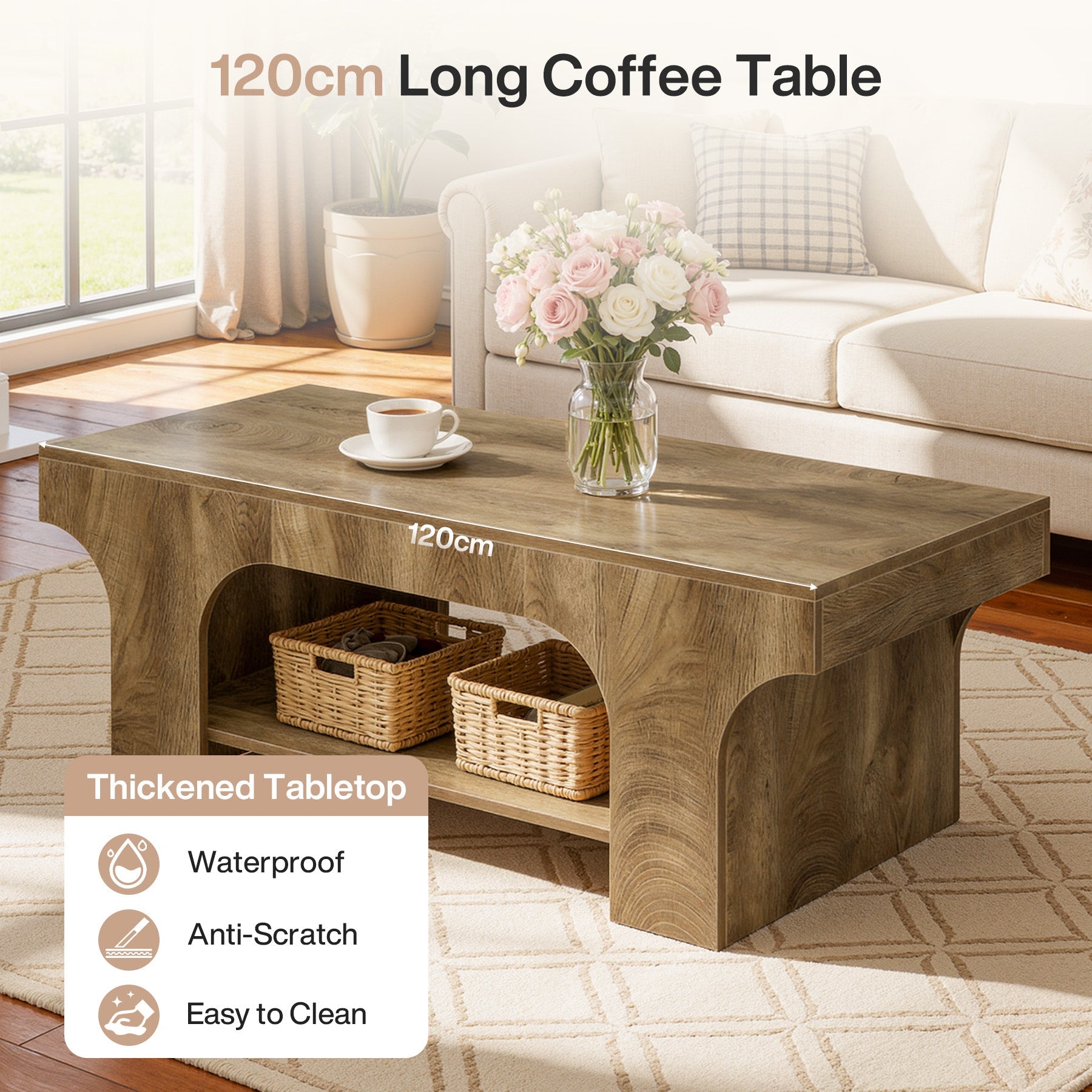 Tribesigns Table basse rectangulaire 120 cm, Table de salon moderne à 2 niveaux avec rangement