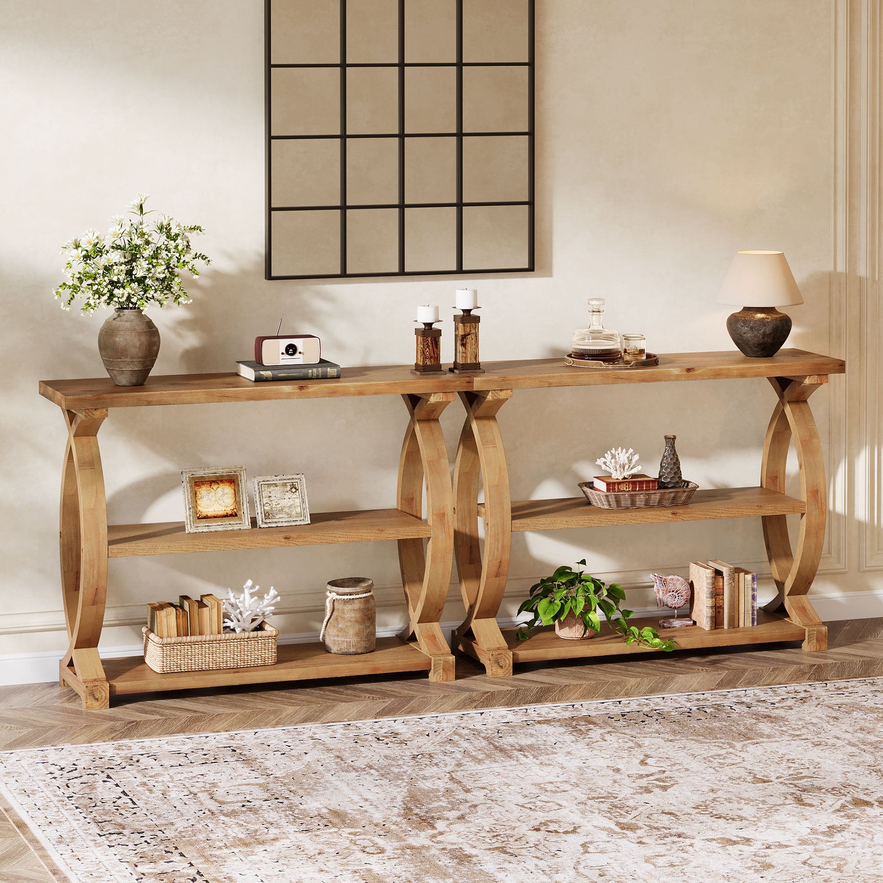 Tribesigns Console en bois massif de 105 cm, Table d'appoint étroite avec 3 étagères et un design en forme de queue de poisson sur les côtés