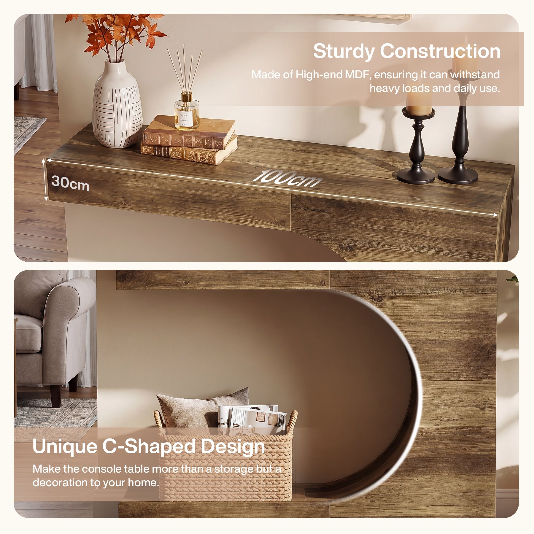 Tribesigns Console 100 cm, Table d'entrée en forme de C avec 2 étagères, style campagne moderne