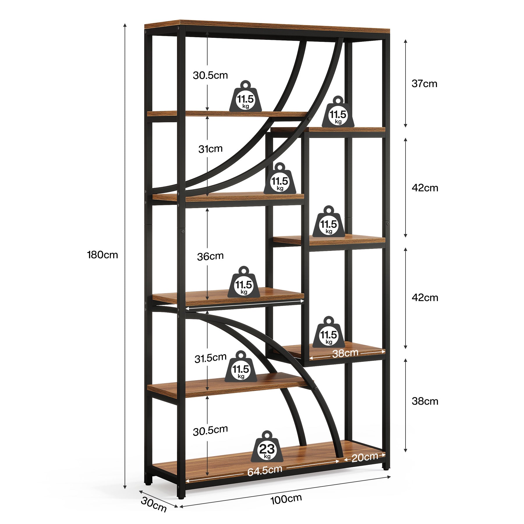 Tribesigns Bibliothèque de style industriel de 180 cm, Étagère métallique à 9 niveaux avec design géométrique