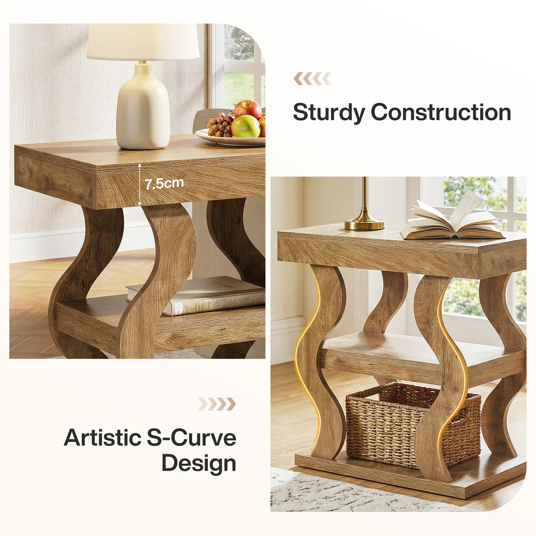 Tribesigns Table d'appoint style campagne 61 cm, Table de chevet étroite à 3 niveaux avec rangement
