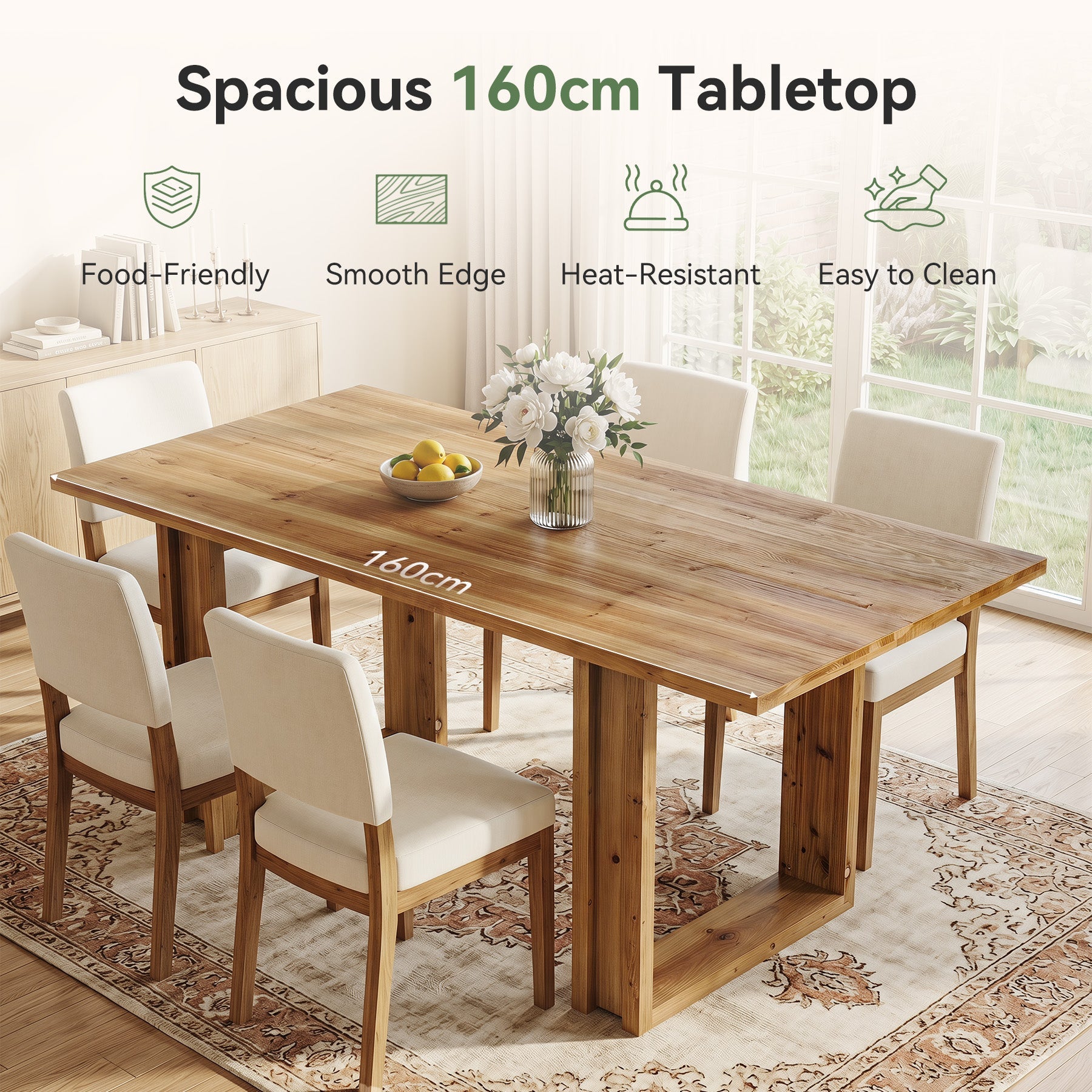 Table de salle à manger en bois massif de 160 cm pour 4 à 6 personnes, Table de cuisine rectangulaire de style champêtre