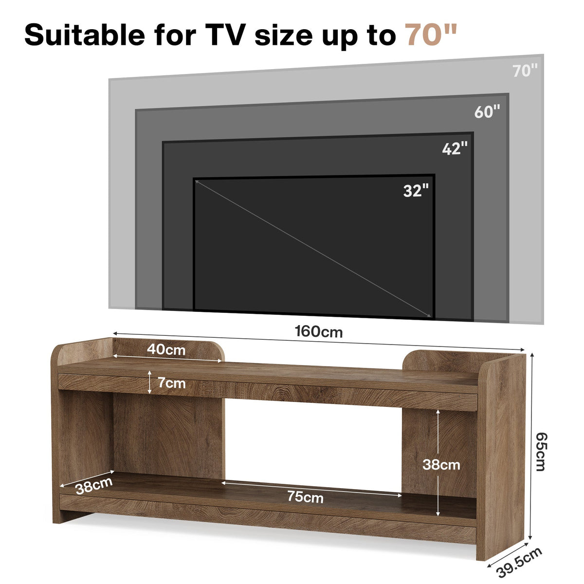 Tribesigns Meuble TV bas de 160 cm pour téléviseurs jusqu'à 70 pouces, Meuble TV à 2 niveaux avec espace de rangement ouvert
