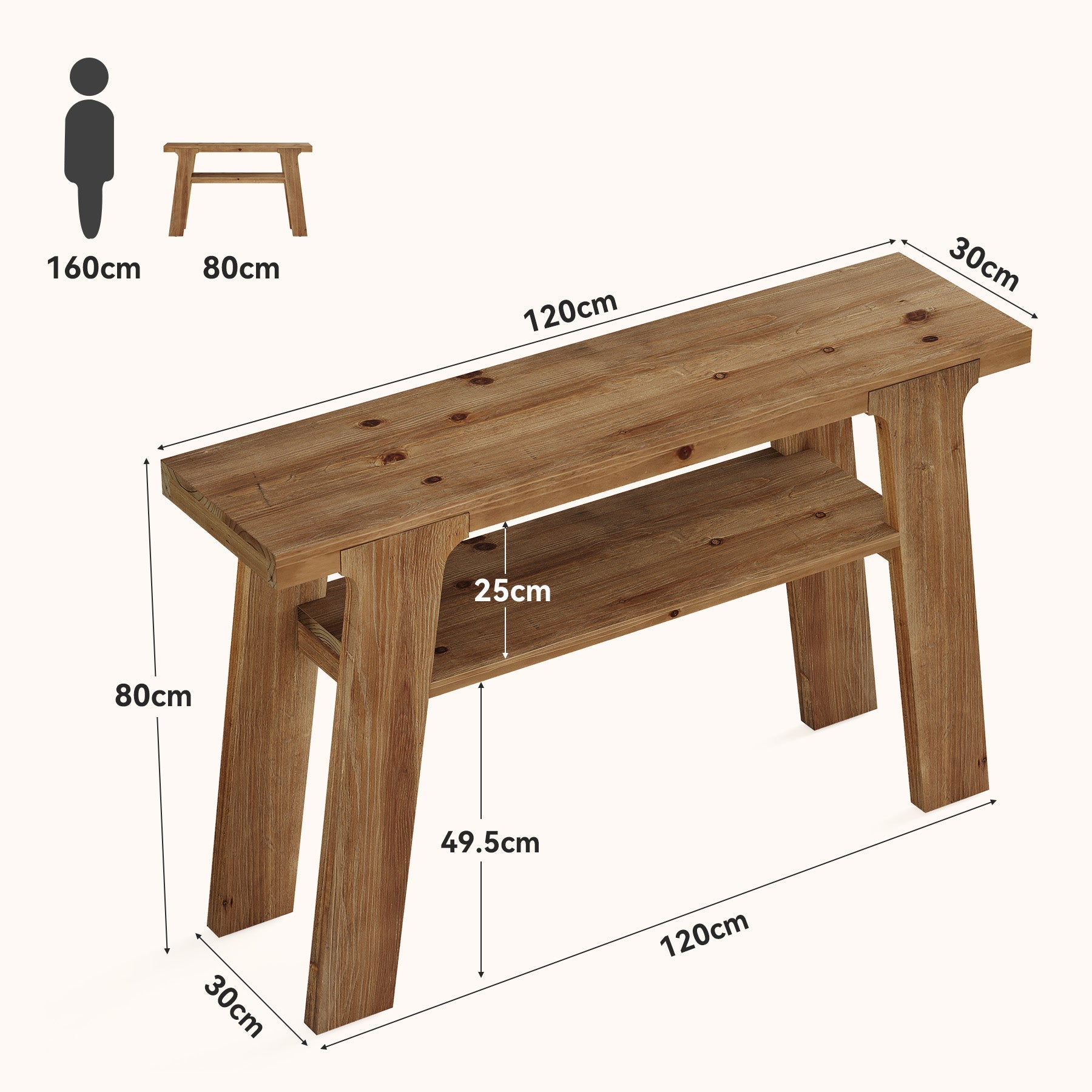 Tribesigns Console en bois massif de 120 cm, Style rustique idéale pour une entrée ou un canapé avec 2 étagères