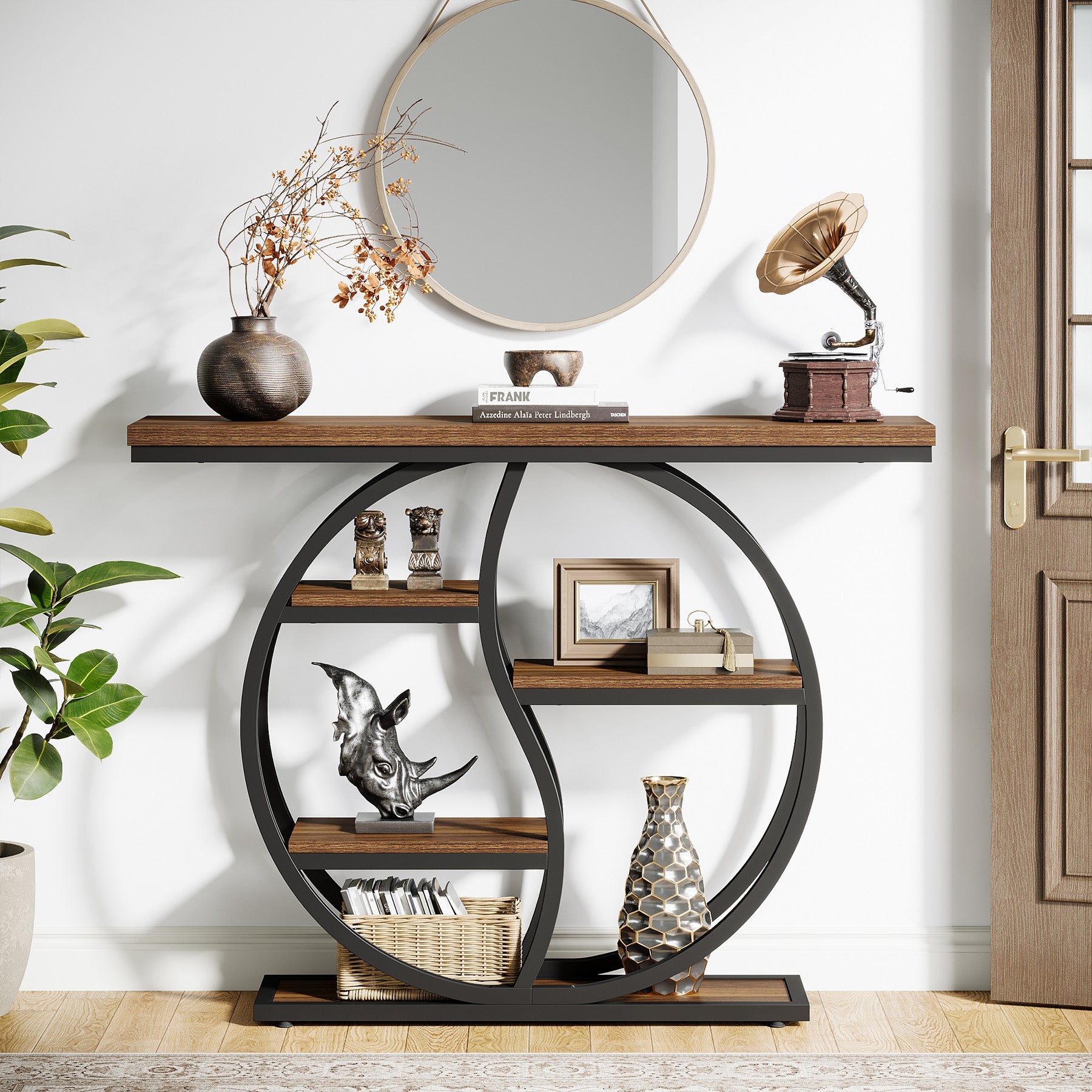 Tribesigns Console de 120 cm à 5 niveaux, Finition marron rustique table d'entrée étroite