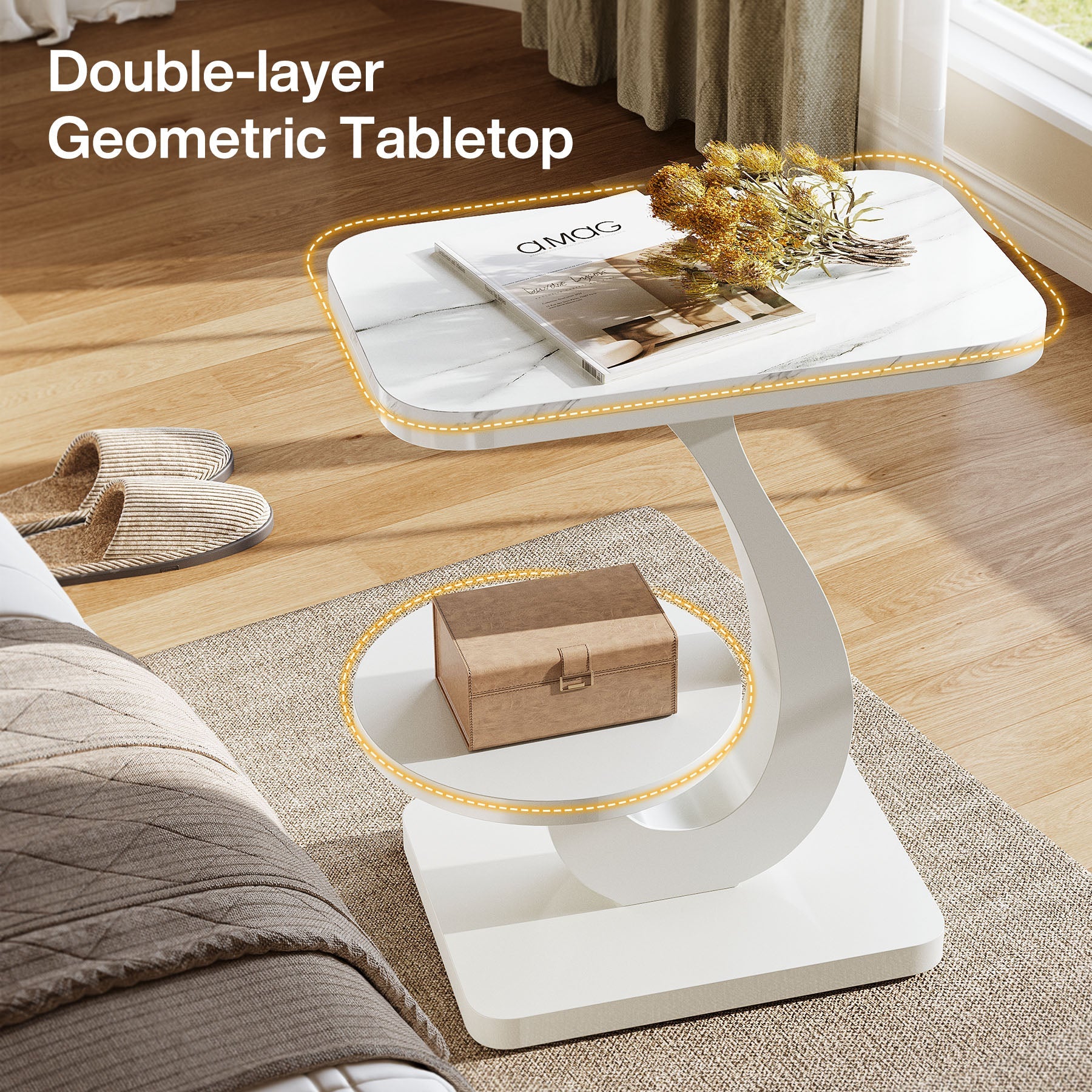 Tribesigns Table d'appoint étroite en forme de C à 2 niveaux, Table de chevet et table de canapé aspect marbre pour salon et chambre