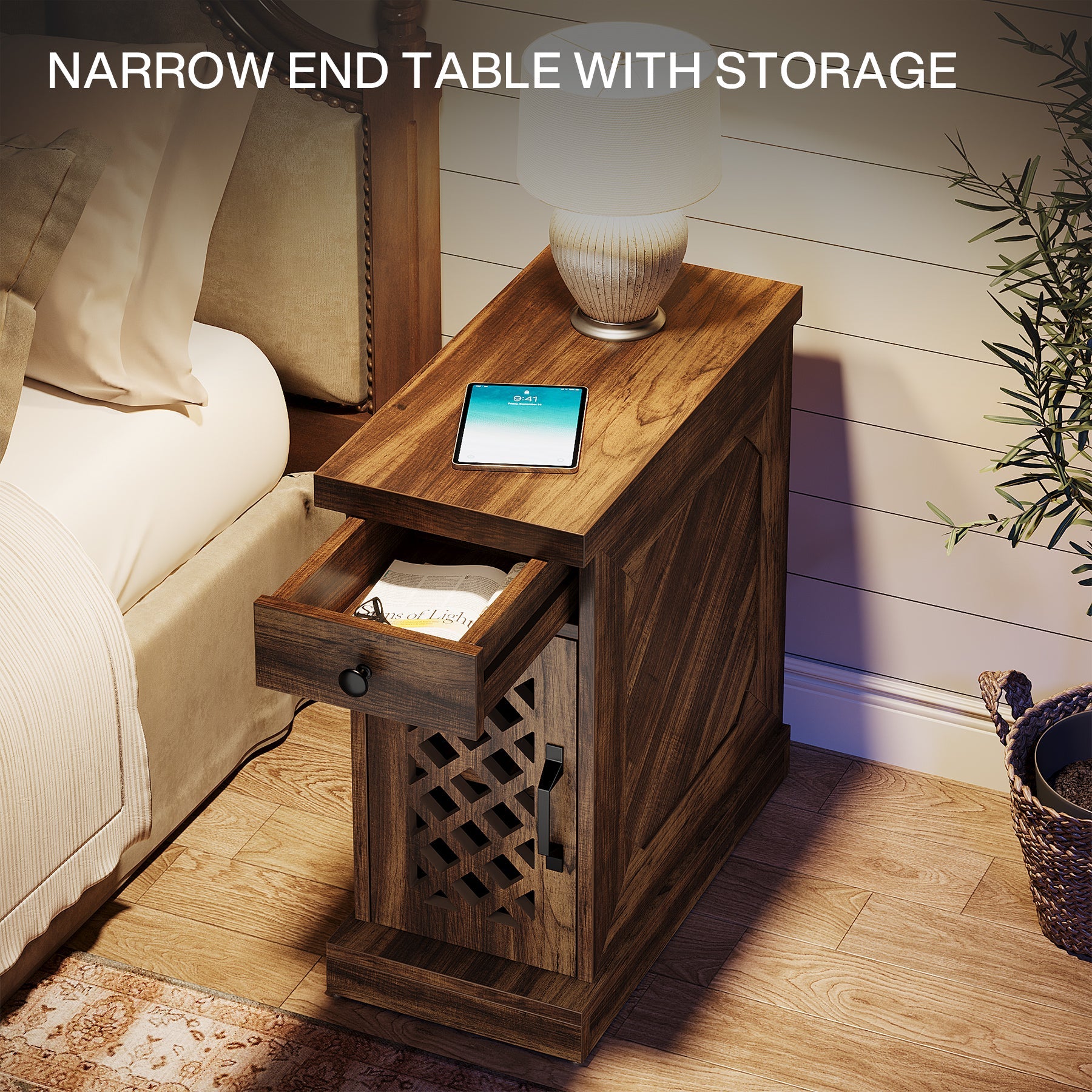 Tribesigns Table d'appoint de 65 cm, Table d'appoint étroite avec tiroir et placard