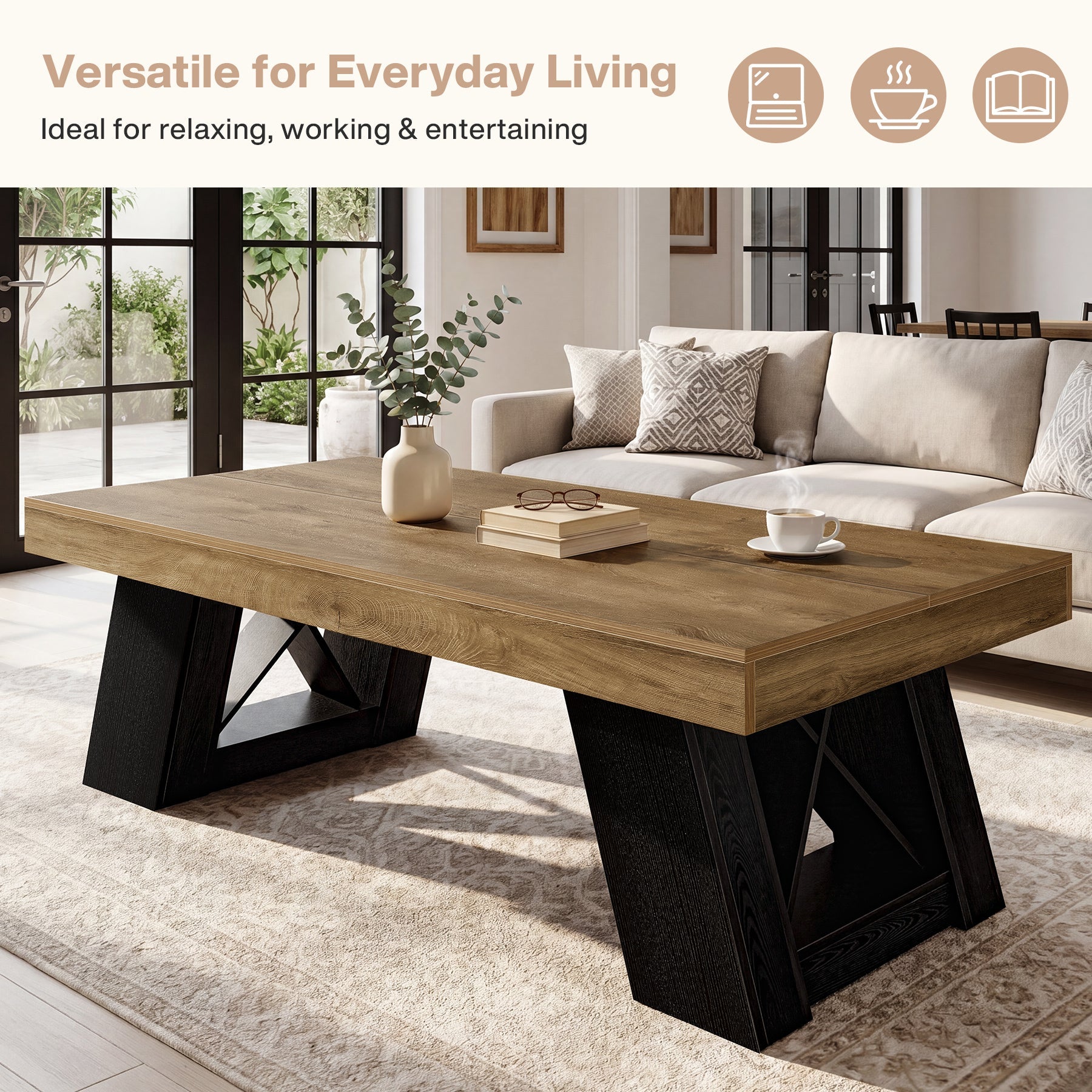 Tribesigns Table basse de 140 cm en bois avec plateau épais et piètement en forme de X