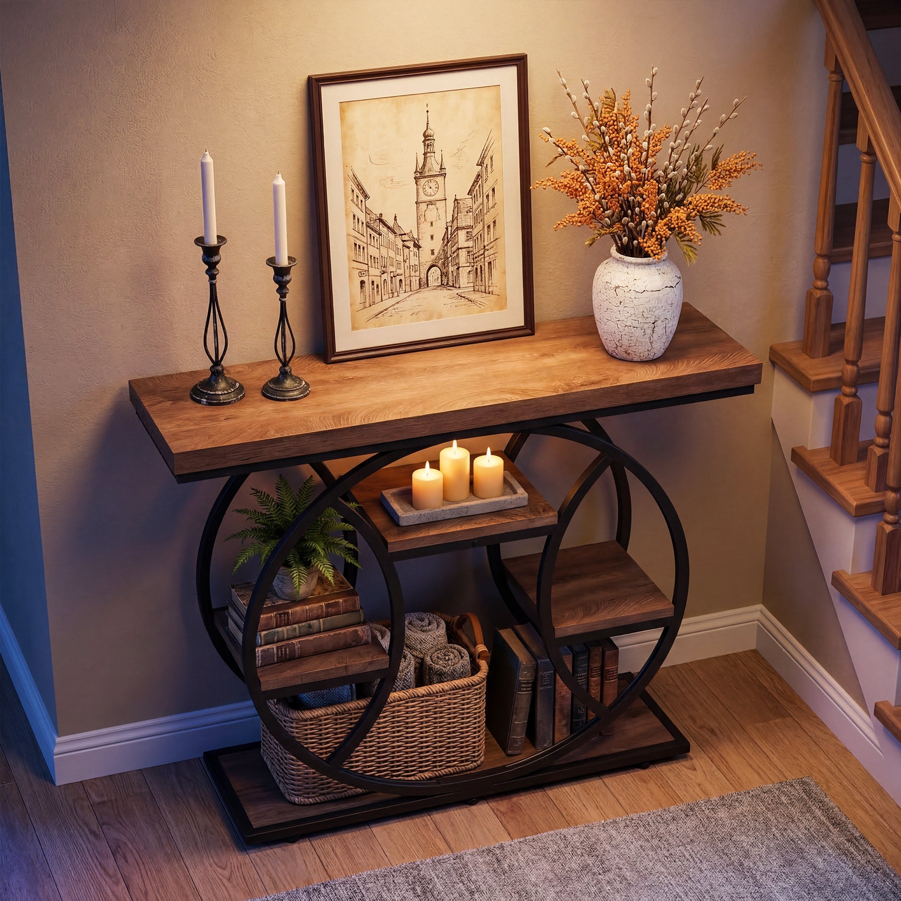 Tribesigns Console de 105 cm, Table d'appoint à 4 niveaux avec cadre rond