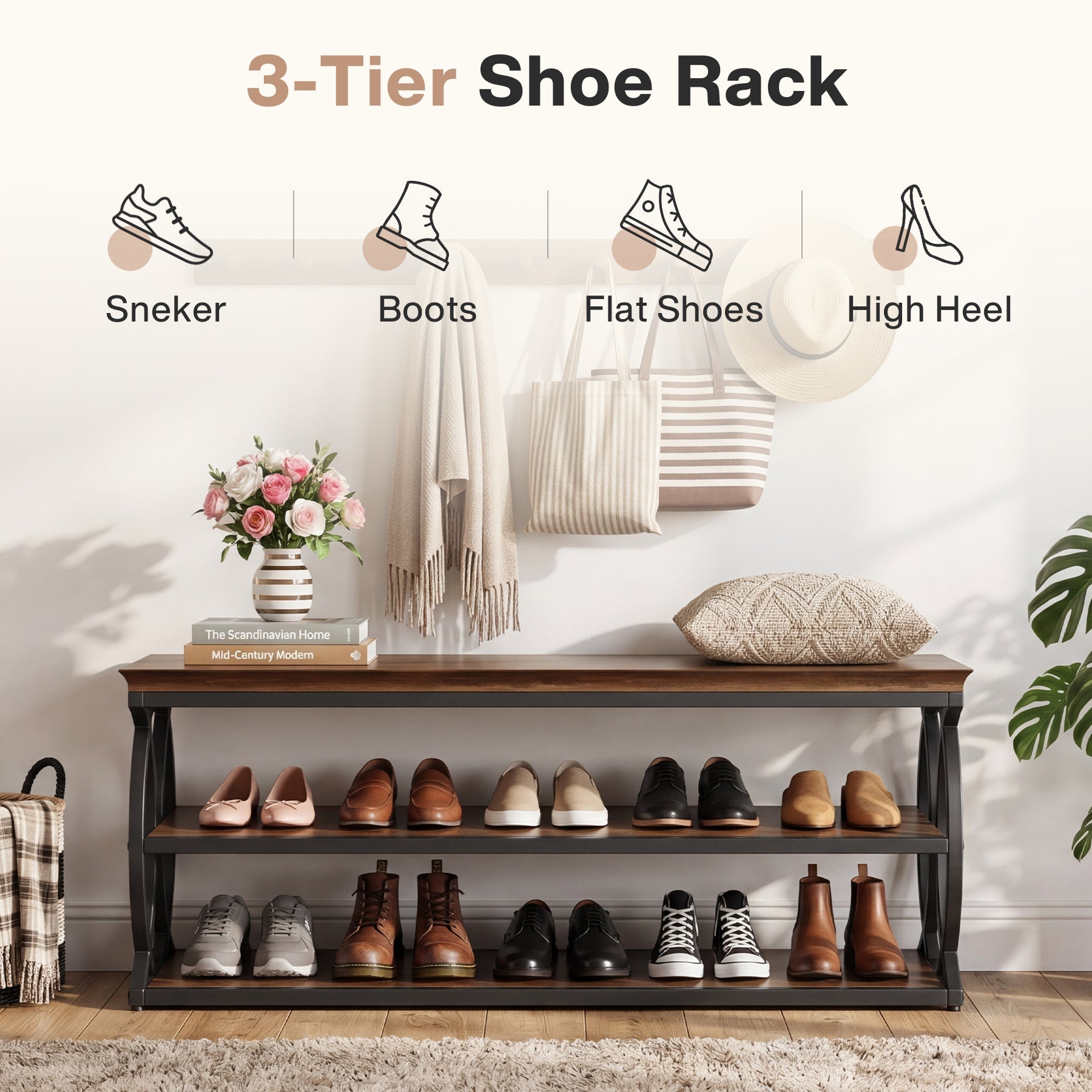 Banc à chaussures avec rangement (120 cm), Meuble à chaussures 3 niveaux avec assise (style industriel et ferme)