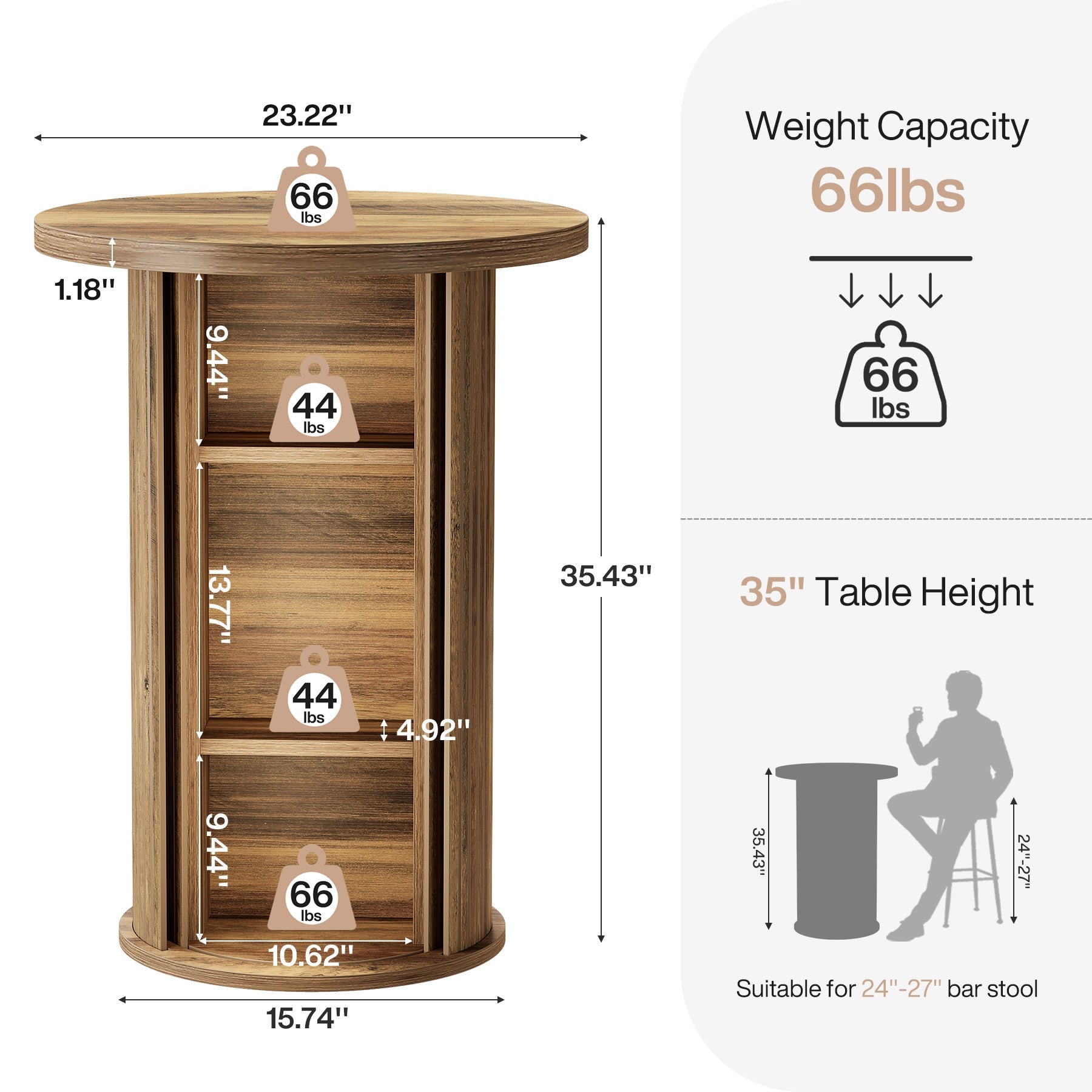 Tribesigns Table de bar ronde de 90 cm de haut avec 3 compartiments de rangement et porte coulissante