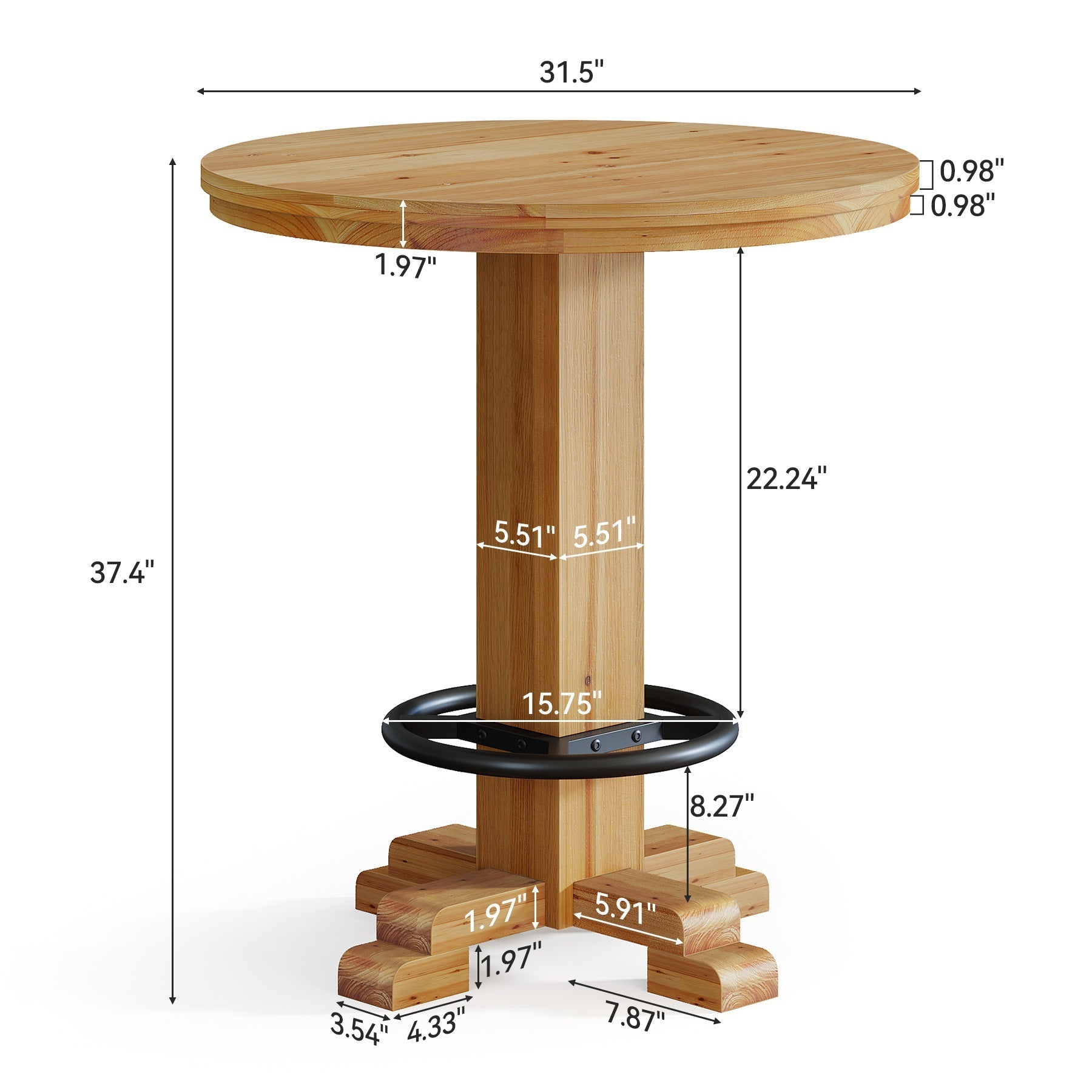 Table de bar ronde en bois massif, Table de bistrot de 95 cm de haut avec repose-pieds en métal