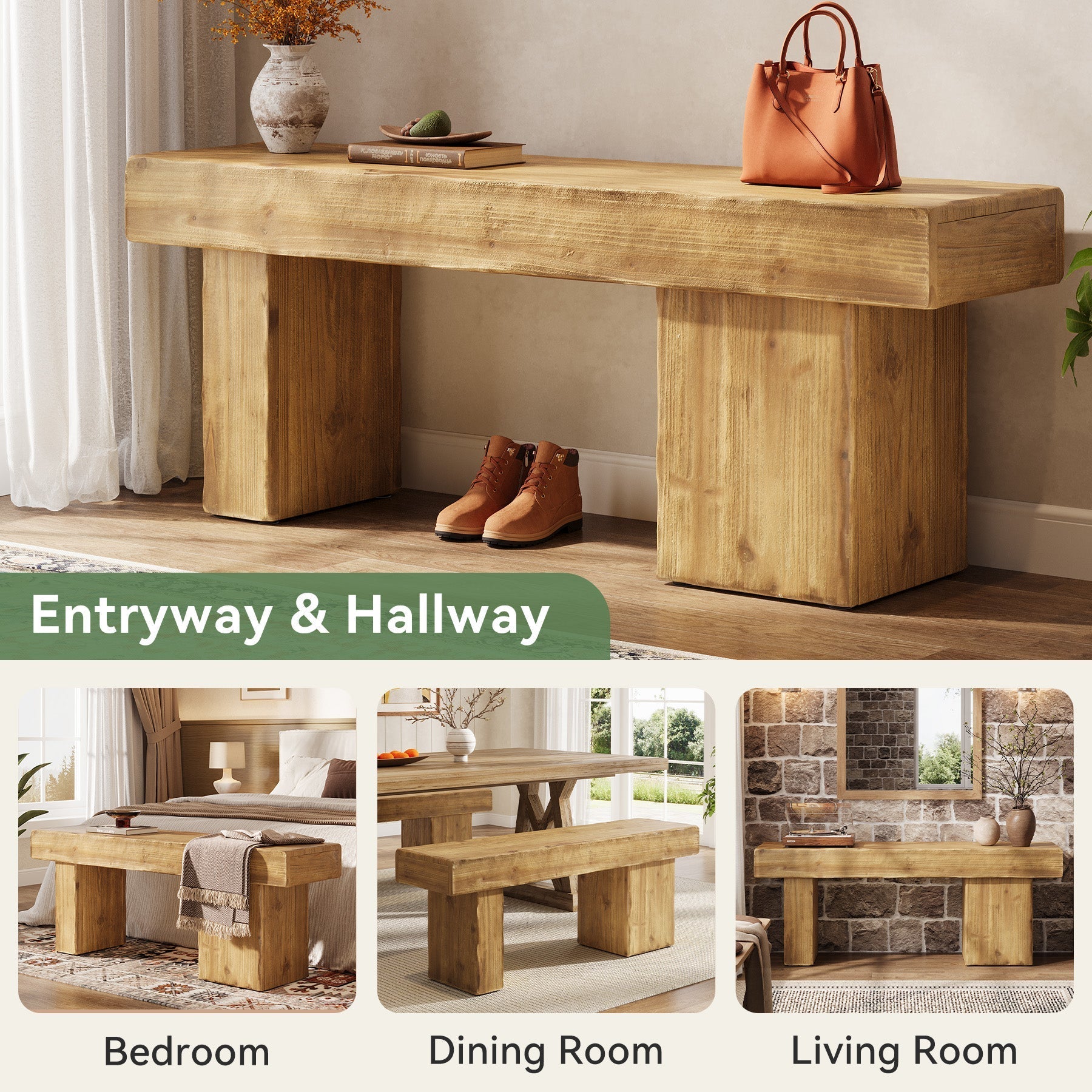 Banc d'entrée en bois massif de 119 cm, Style rustique avec assise épaisse